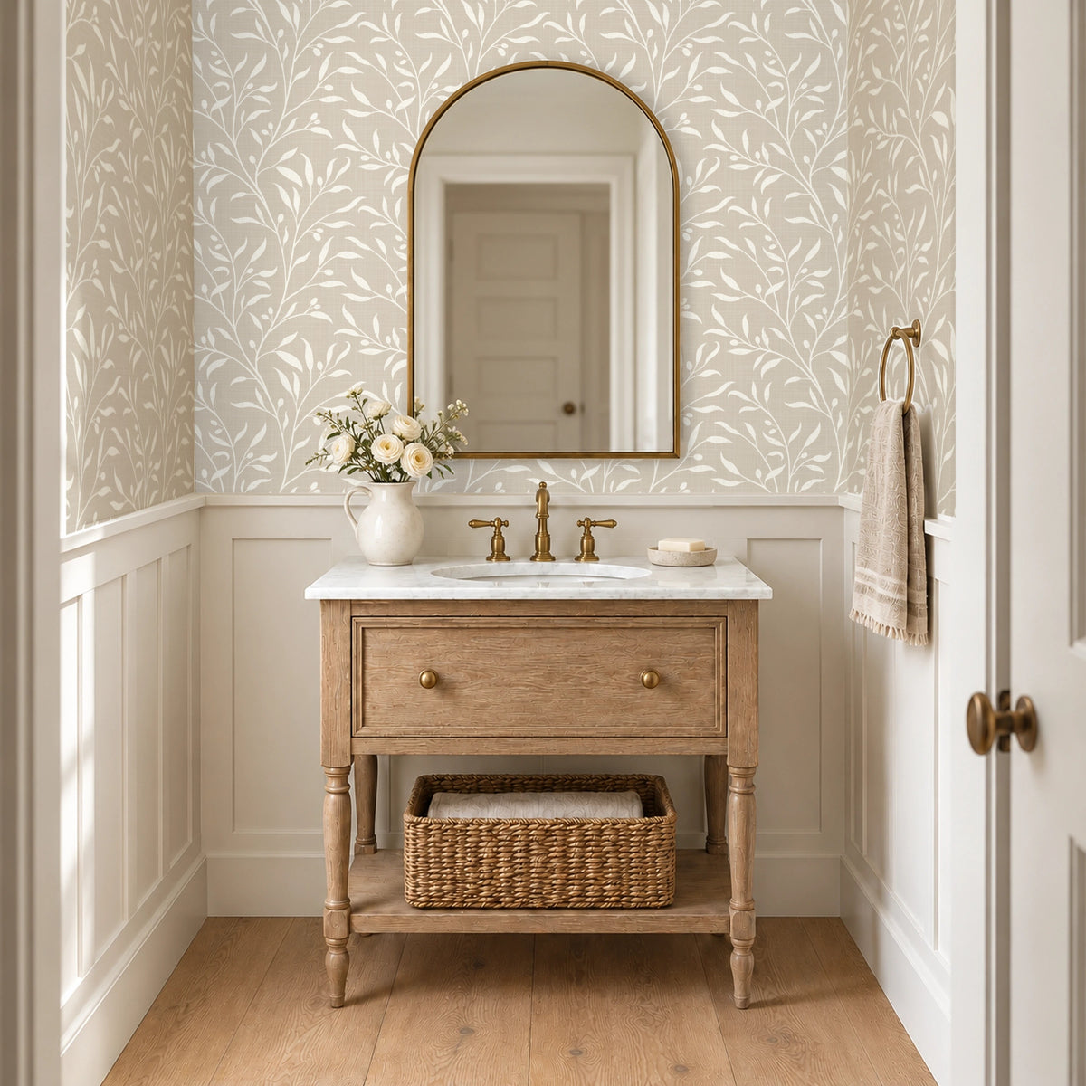 neutral wallpaper beige and white olive leaf botanical in peel and stick, prepasted or traditional nonpasted for vintage farmhouse, french country or english cottage decor shown in bathroom.
