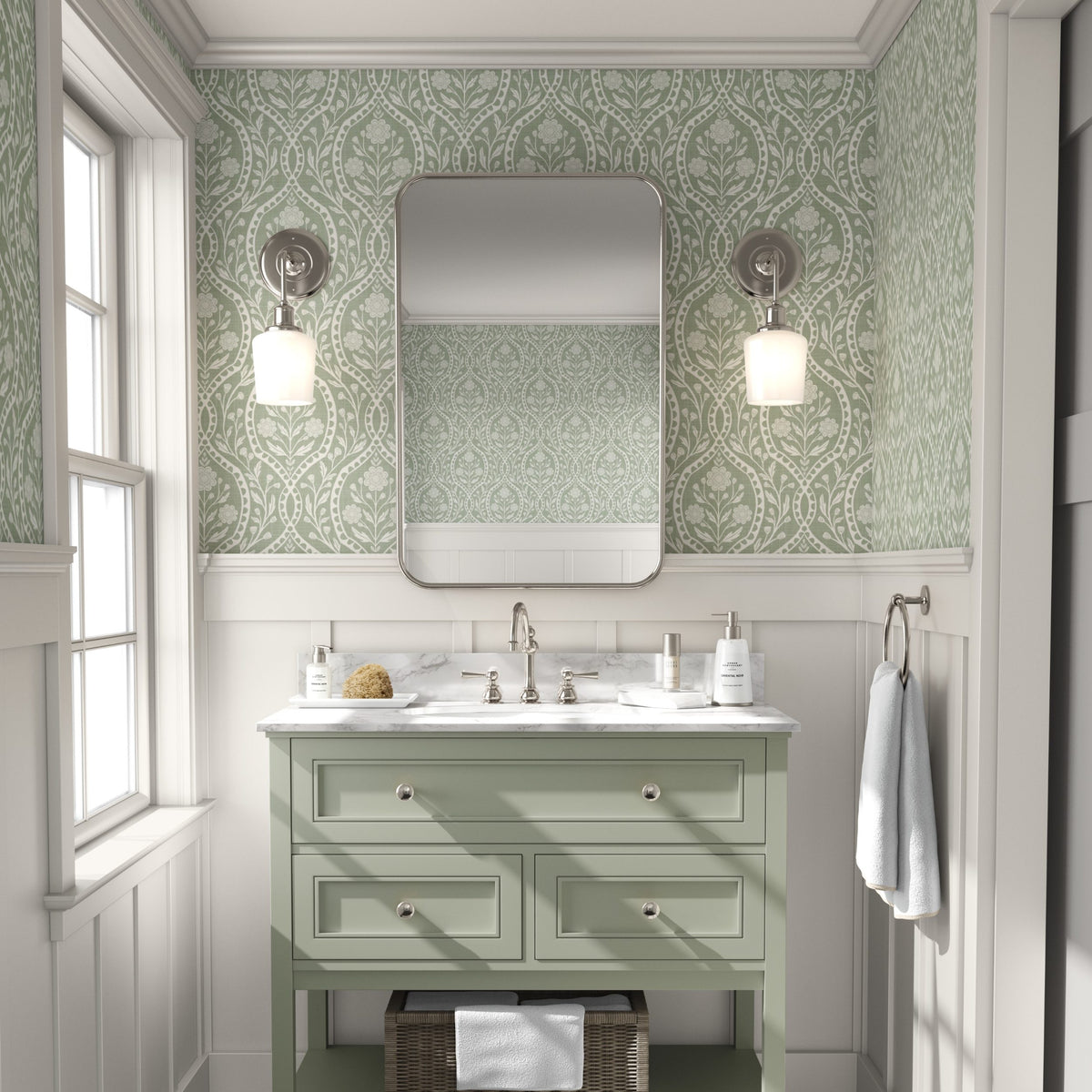 Sage green and white floral wallpaper with a wildflower floral damask pattern. Shown in peel and stick or prepasted for a removable renter friendly option for traditional or french country aesthetic suitable for baby nursery, bedroom, bathroom, kitchen or dining room.