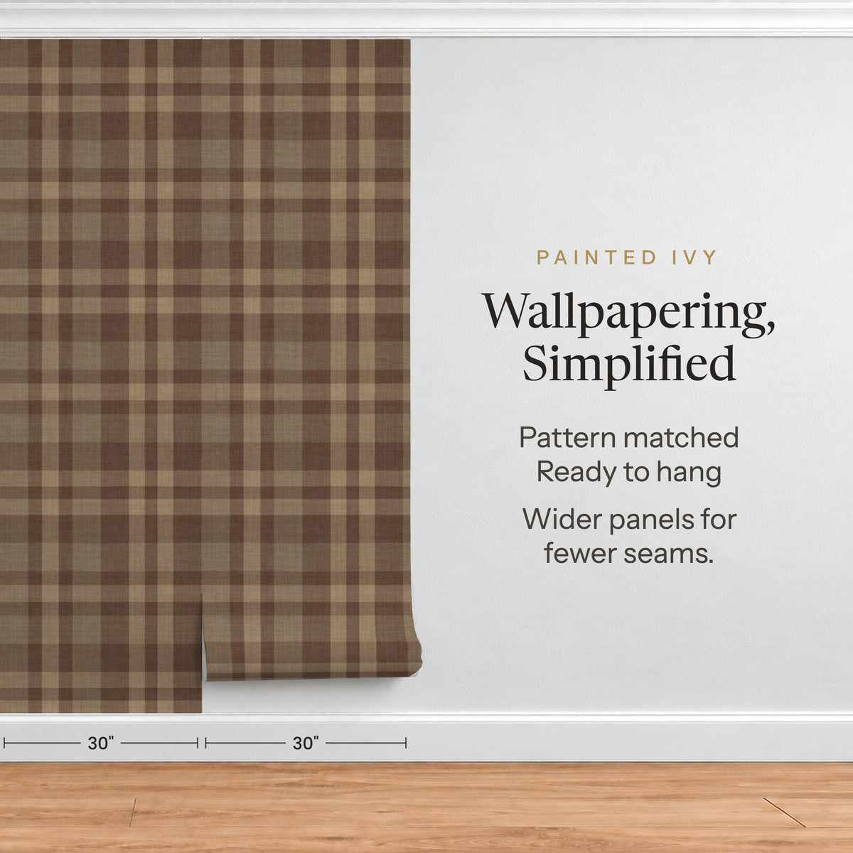 Brown plaid wallpaper in precut, pre-matched 30 inch wide panels