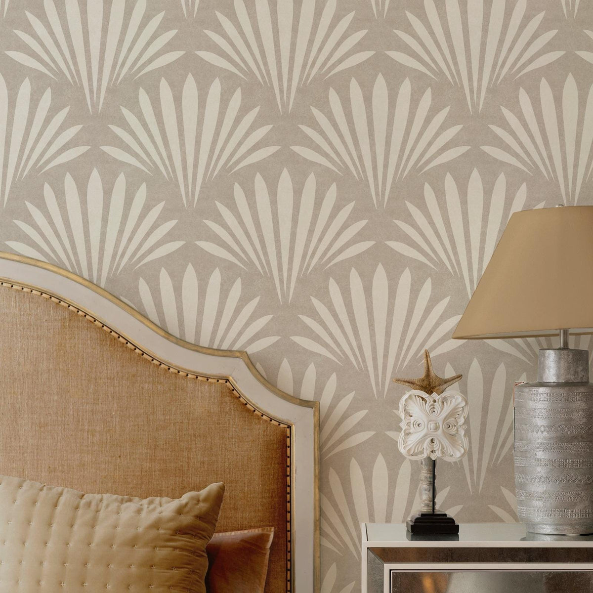 neutral coastal shell wallpaper in removable peel and stick, prepasted, or traditional nonpasted in cozy beige for modern coastal or beach house decor.