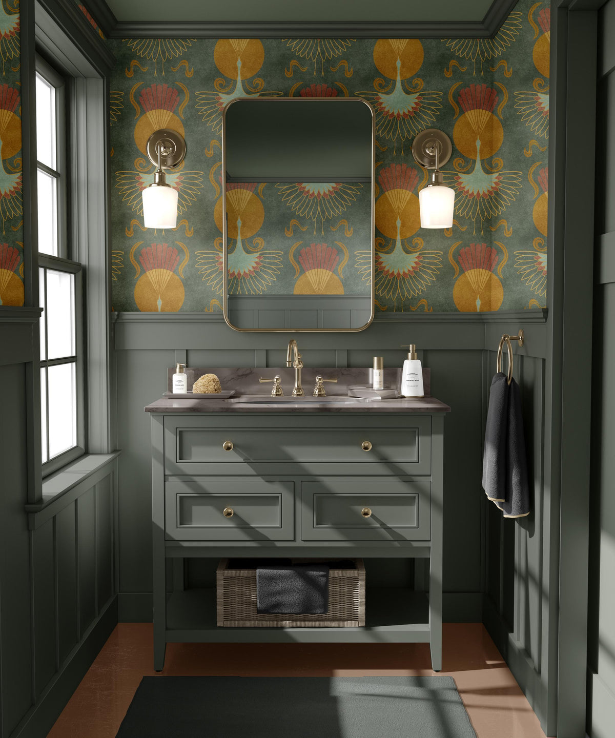 crane bird wallpaper in peel and stick, prepasted, or traditional nonpasted for dark moody art deco or mid century modern decor.