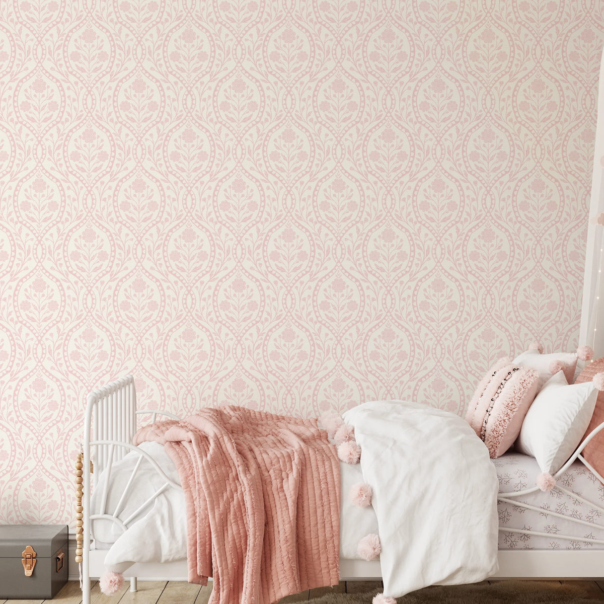 girls nursery pink floral wallpaper with botanical wildflowers shown in kids room as removable peel and stick, prepasted or traditional nonpasted