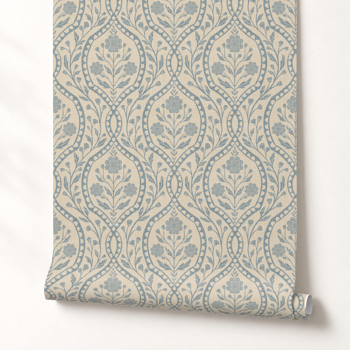 French Country peel and stick or prepasted removable Wallpaper in Neutral with blue wildflower floral details in an elegant damask with subtle faux linen texture. A perfect vintage inspired elegant botanical for nursery, bedroom, bathroom, living room, dining room or accent wall.