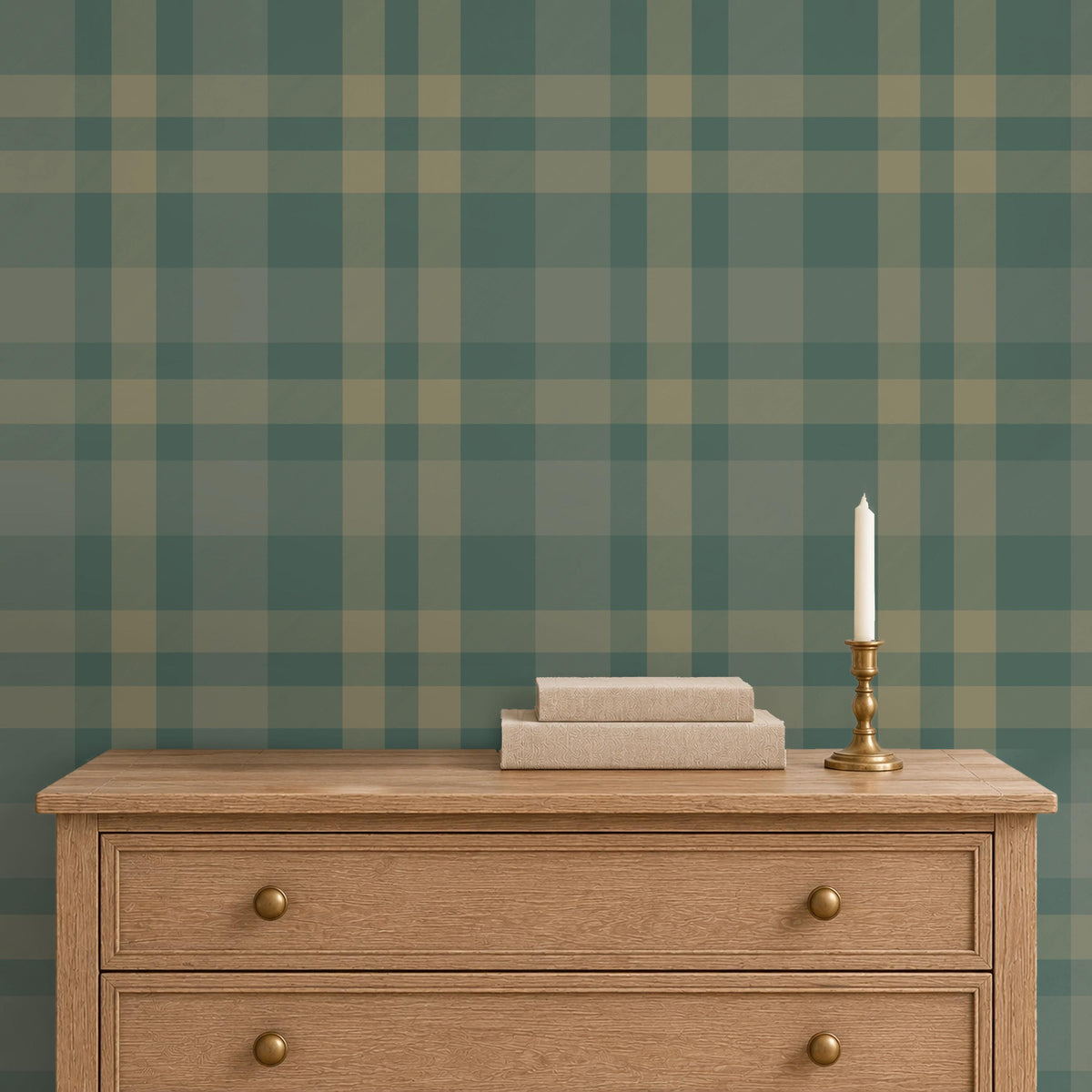 Moody dark green plaid wallpaper accent wall in a cabin style bedroom