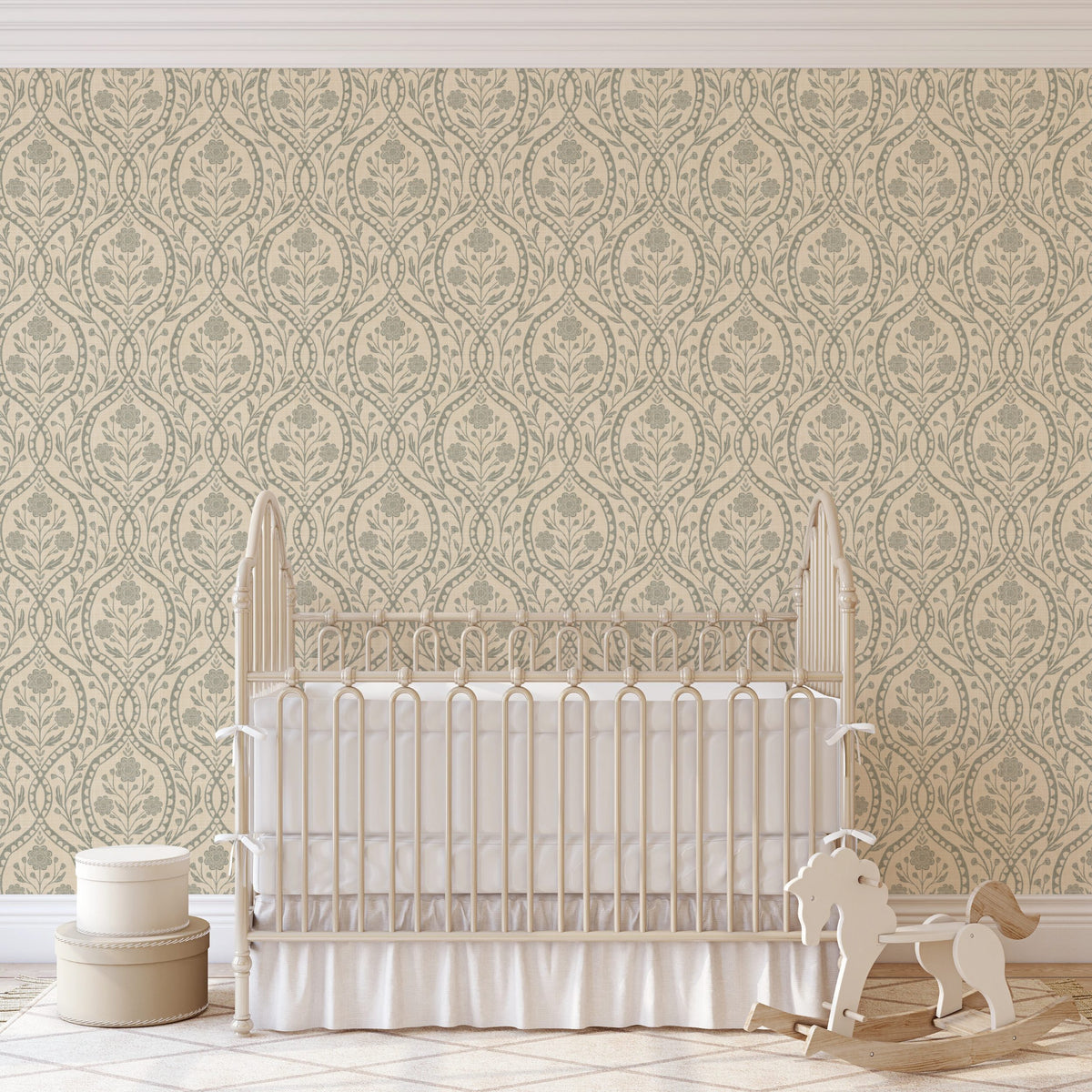 wallpaper shown in peel and stick or removable prepasted. neutral sage green and beige French country wallpaper with elegant wildflower damask. Renter-friendly subtle botanical design for a timeless baby girl nursery, bedroom, or bathroom wall.