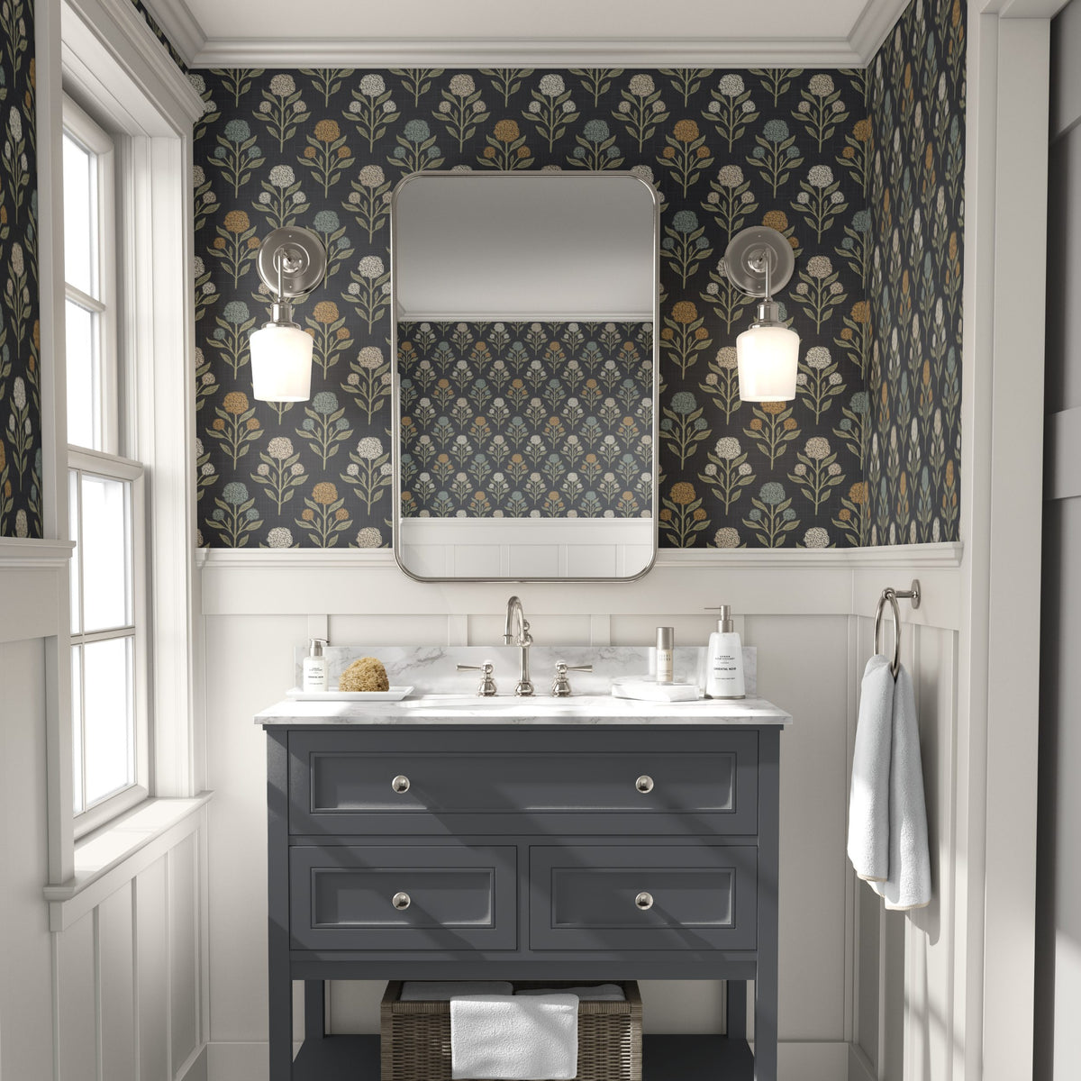 Heritage Revival Dark Floral Gothic Black Wallpaper shown in prepasted or peel and stick removable, diy, renter friendly for powder room, bathroom, entryway, hallway, office, or dramatic statement wall.