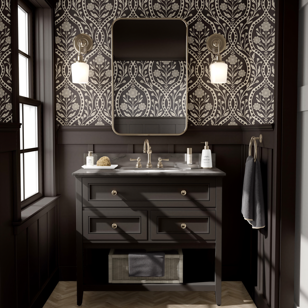 Dark Academia Moody Wallpaper in Peel and Stick or Prepasted Removable. This black and white Vintage style Botanical Wildflower Damask was created from a hand drawn illustration. Fits into Gothic Heritage Decor