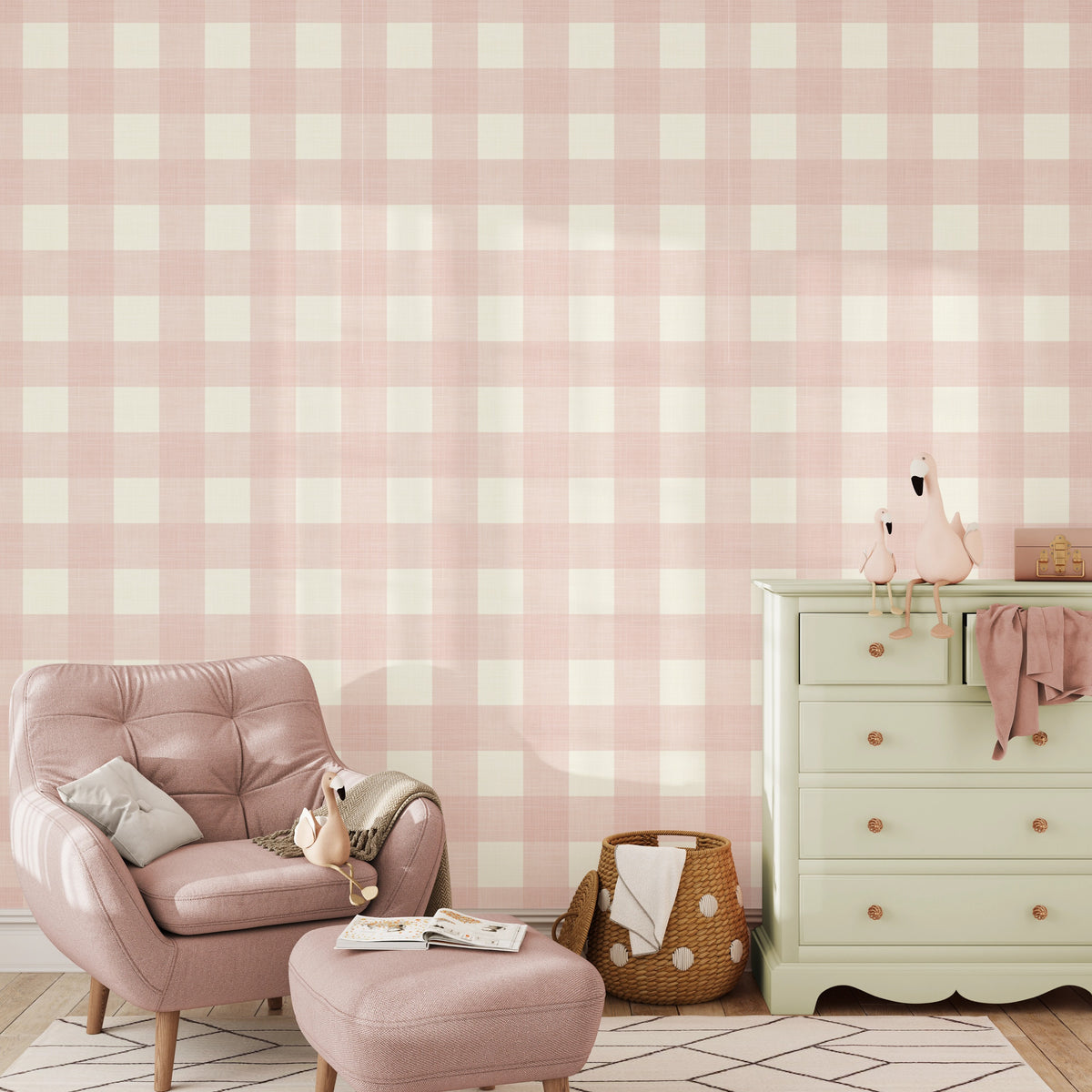pink and white gingham wallpaper for girls bedroom or nursery with a cute cottage or farmhouse style in peel and stick, traditional nonpasted or prepasted wallpaper.