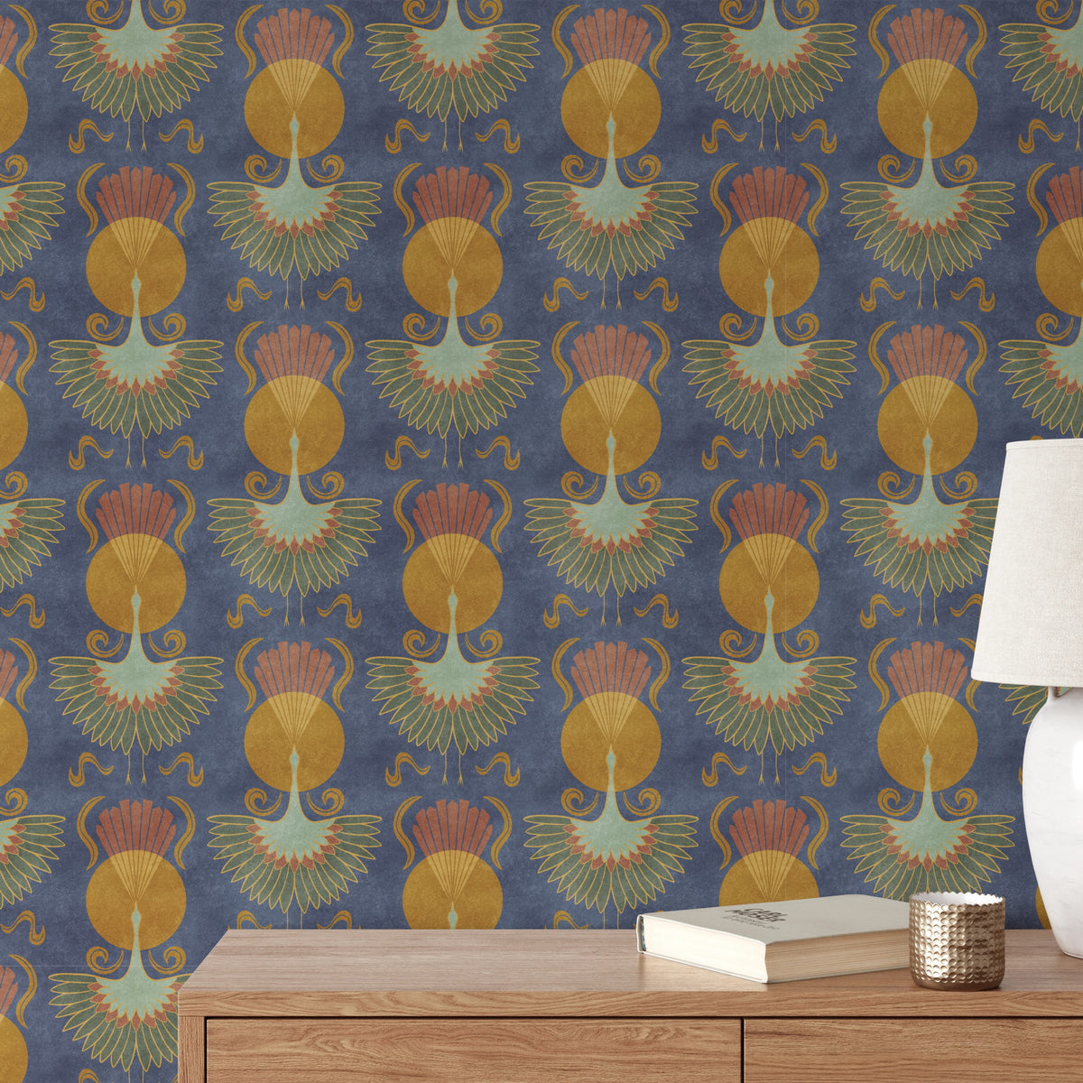 blue crane bird wallpaper in peel and stick, prepasted, or traditional nonpasted for dark moody art deco or mid century modern decor.