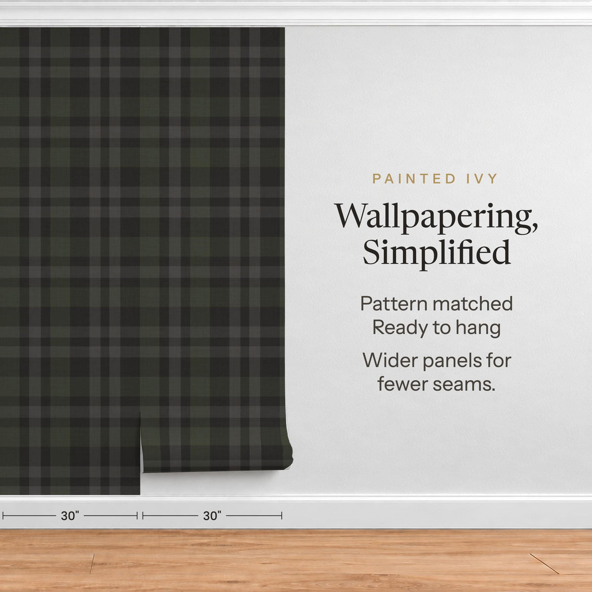 Charcoal plaid wallpaper in precut, pre-matched 30 inch wide panels
