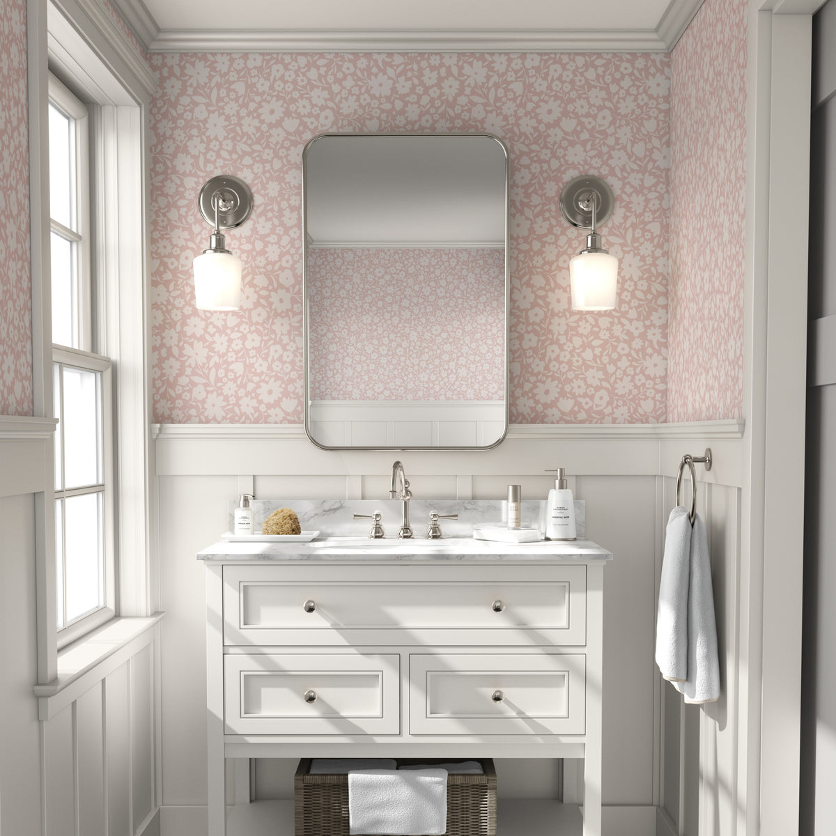 pink floral girls nursery wallpaper in removable peel and stick, prepasted or traditional nonpasted perfect for girly bedroom, powder room or accent wall.