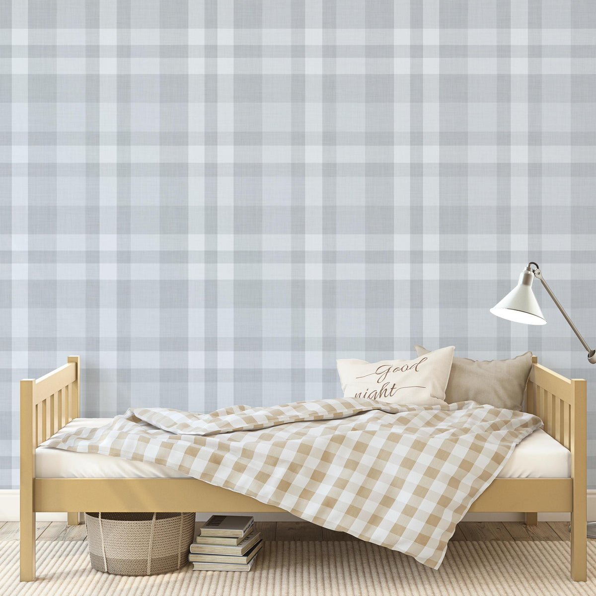 Dusty blue plaid wallpaper in a cozy farmhouse guest bedroom