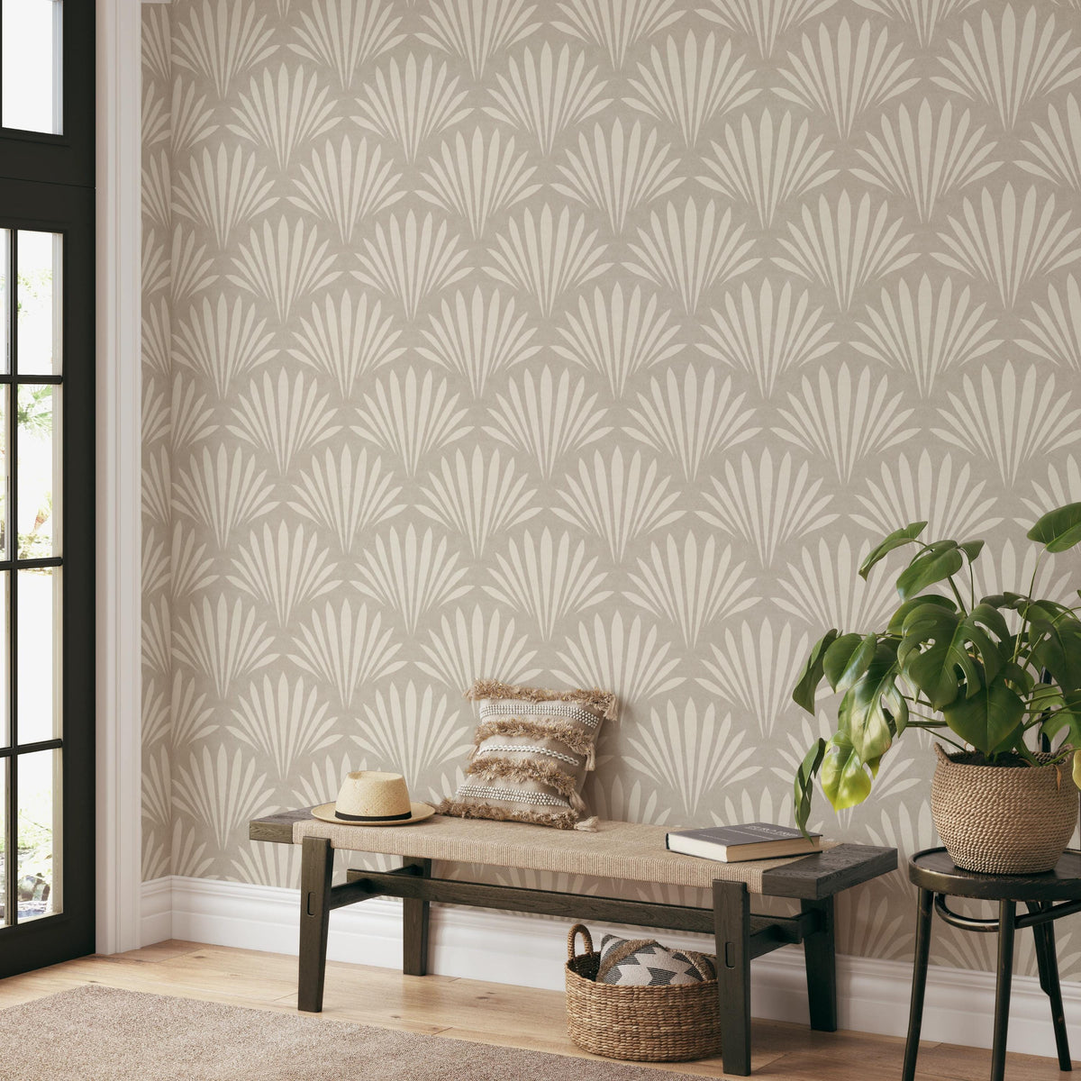 neutral coastal shell wallpaper in removable peel and stick, prepasted, or traditional nonpasted in cozy beige for modern coastal or beach house decor.