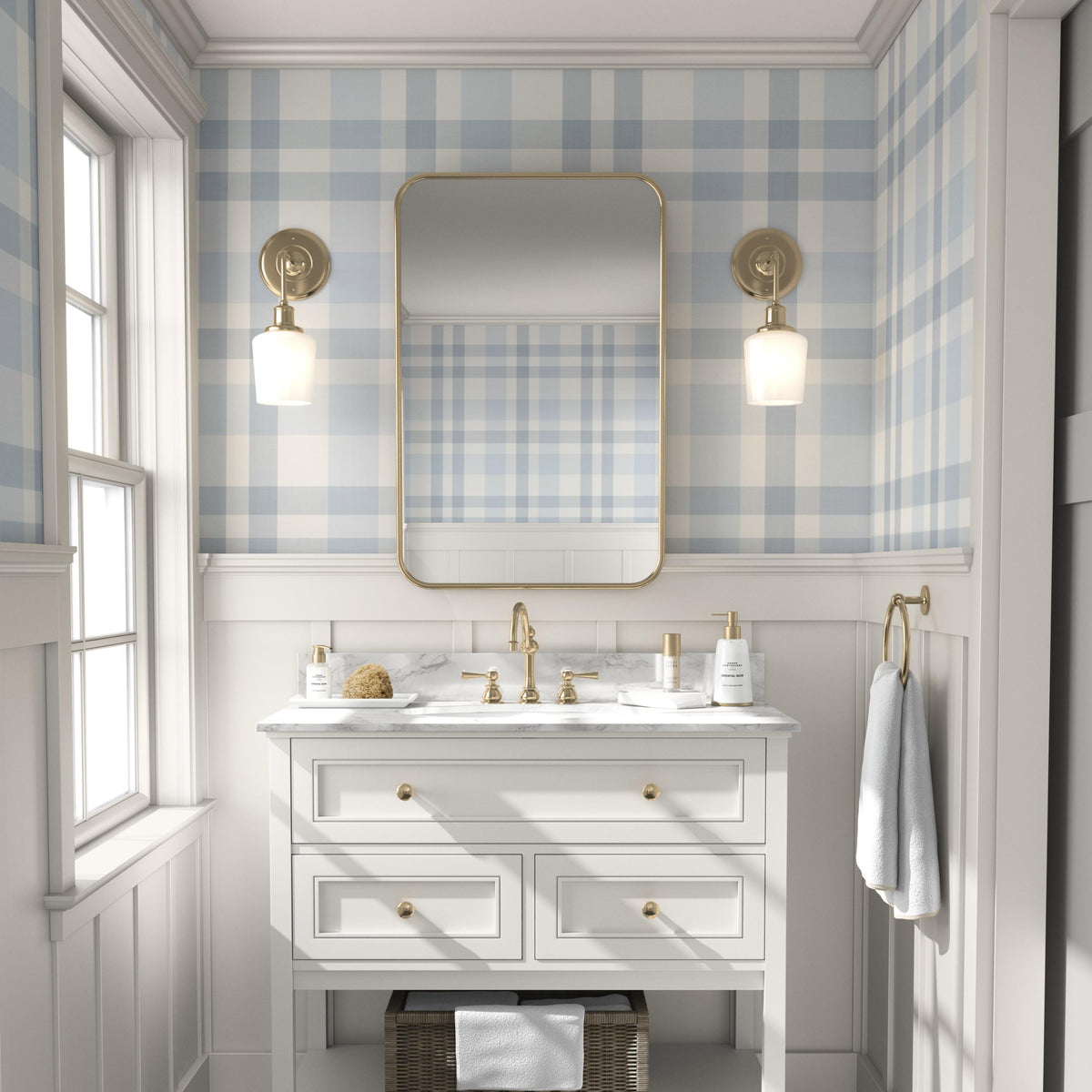 Light blue plaid traditional nonpasted wallpaper in a coastal bathroom