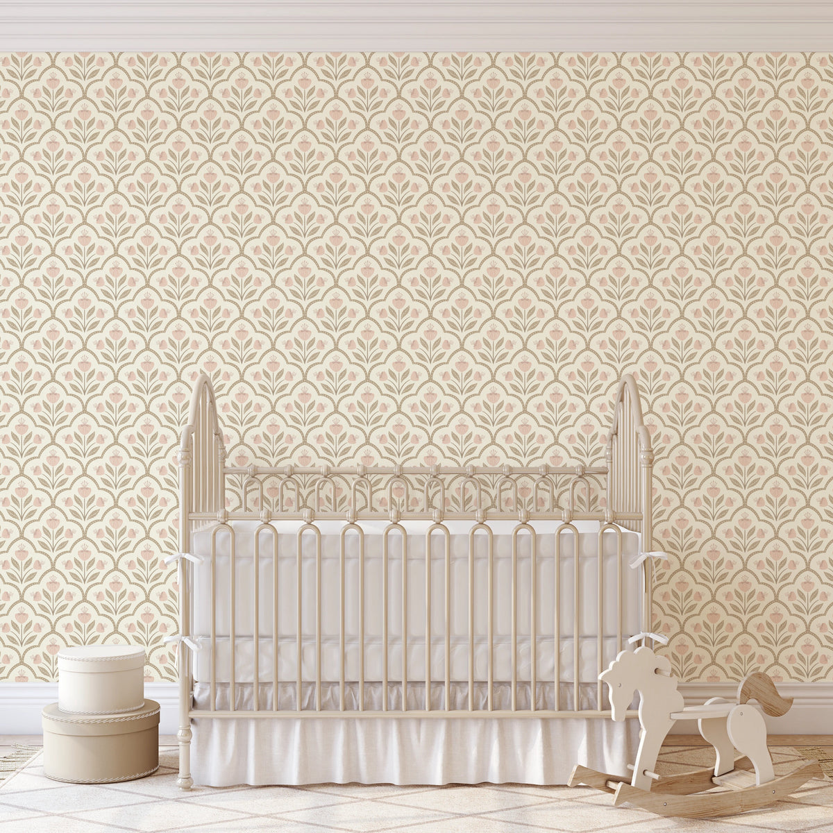 vintage floral nursery wallpaper in peel and stick, prepasted or traditional nonpasted samples or panels/rolls. A neutral pastel pink design for a girls bedroom, playroom, or powder room.