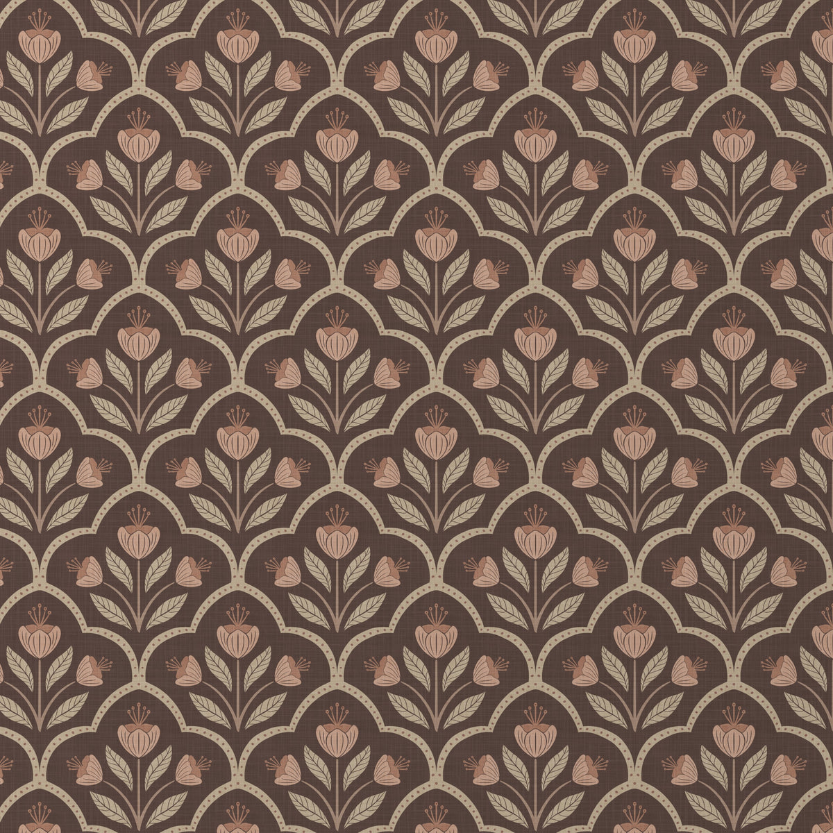 neutral dark brown moody vintage floral tulip design on removable peel and stick, prepasted or traditional nonpasted wallpaper for a cozy heritage or cottagecore inspired space.