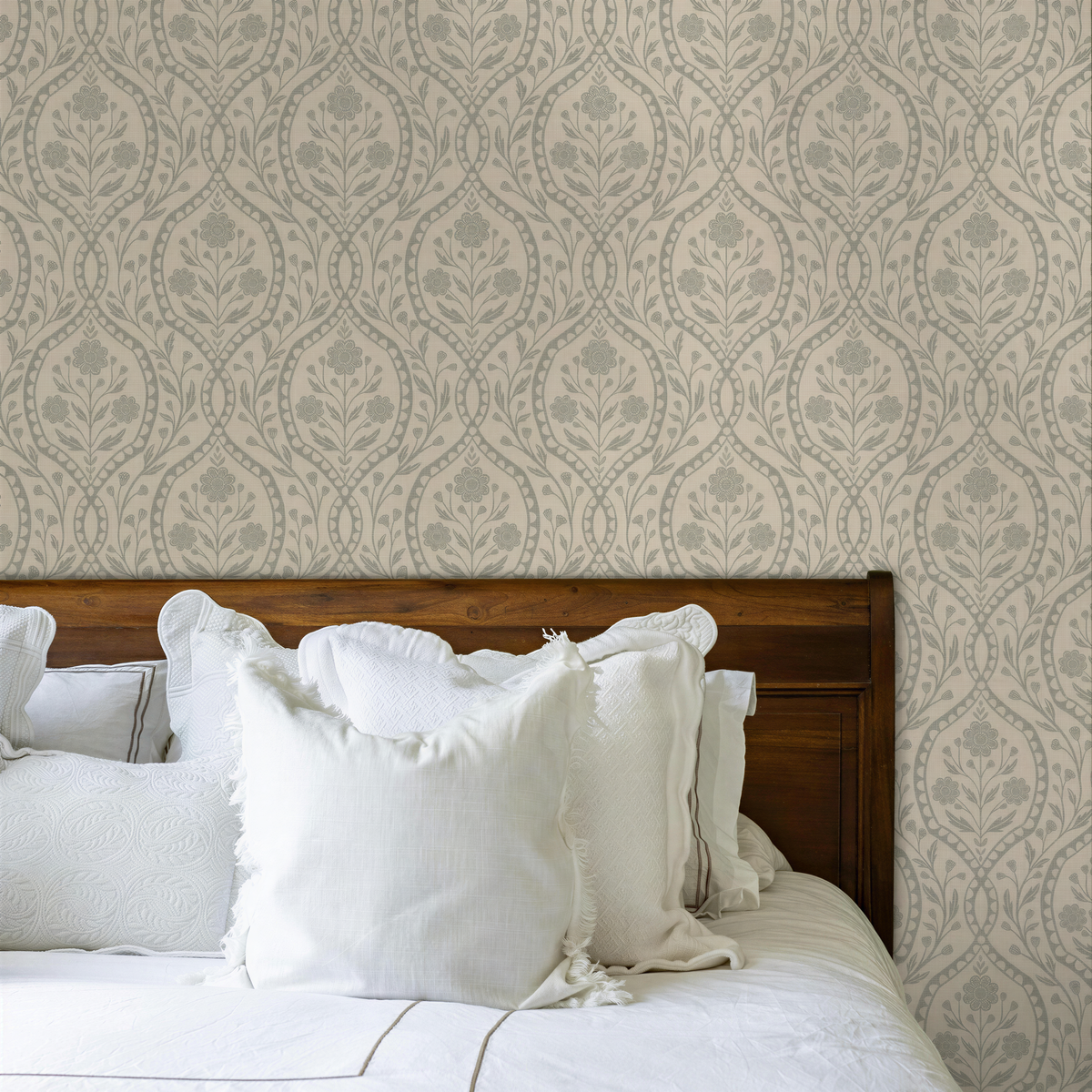 wallpaper shown in peel and stick or removable prepasted. neutral sage green and beige French country wallpaper with elegant wildflower damask. Renter-friendly subtle botanical design for a timeless baby girl nursery, bedroom, or bathroom wall.