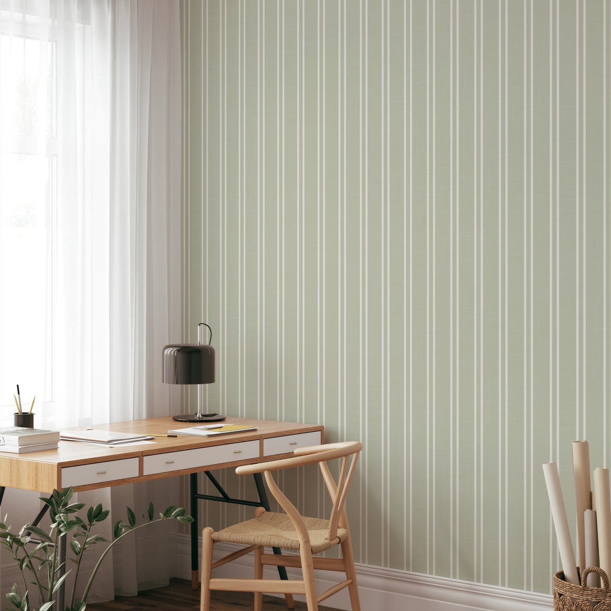 sage green farmhouse ticking stripe wallpaper in peel and stick, prepasted or traditional nonpasted for a country cottage or classic interior.
