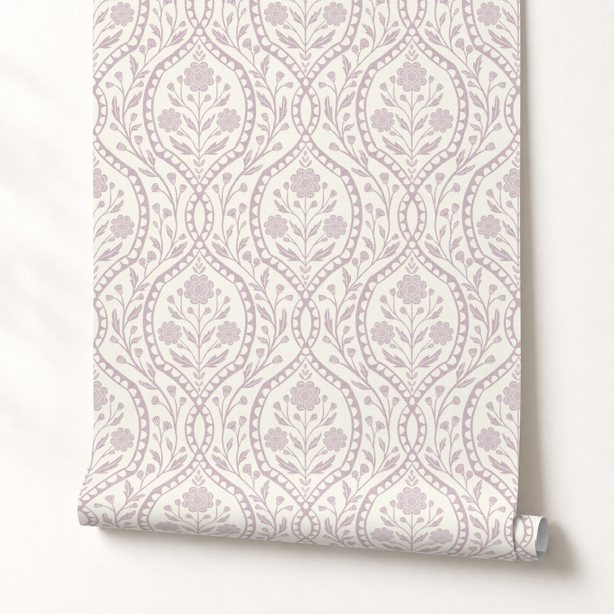 girls nursery purple floral wallpaper with botanical wildflowers shown roll in removable peel and stick, prepasted or traditional nonpasted