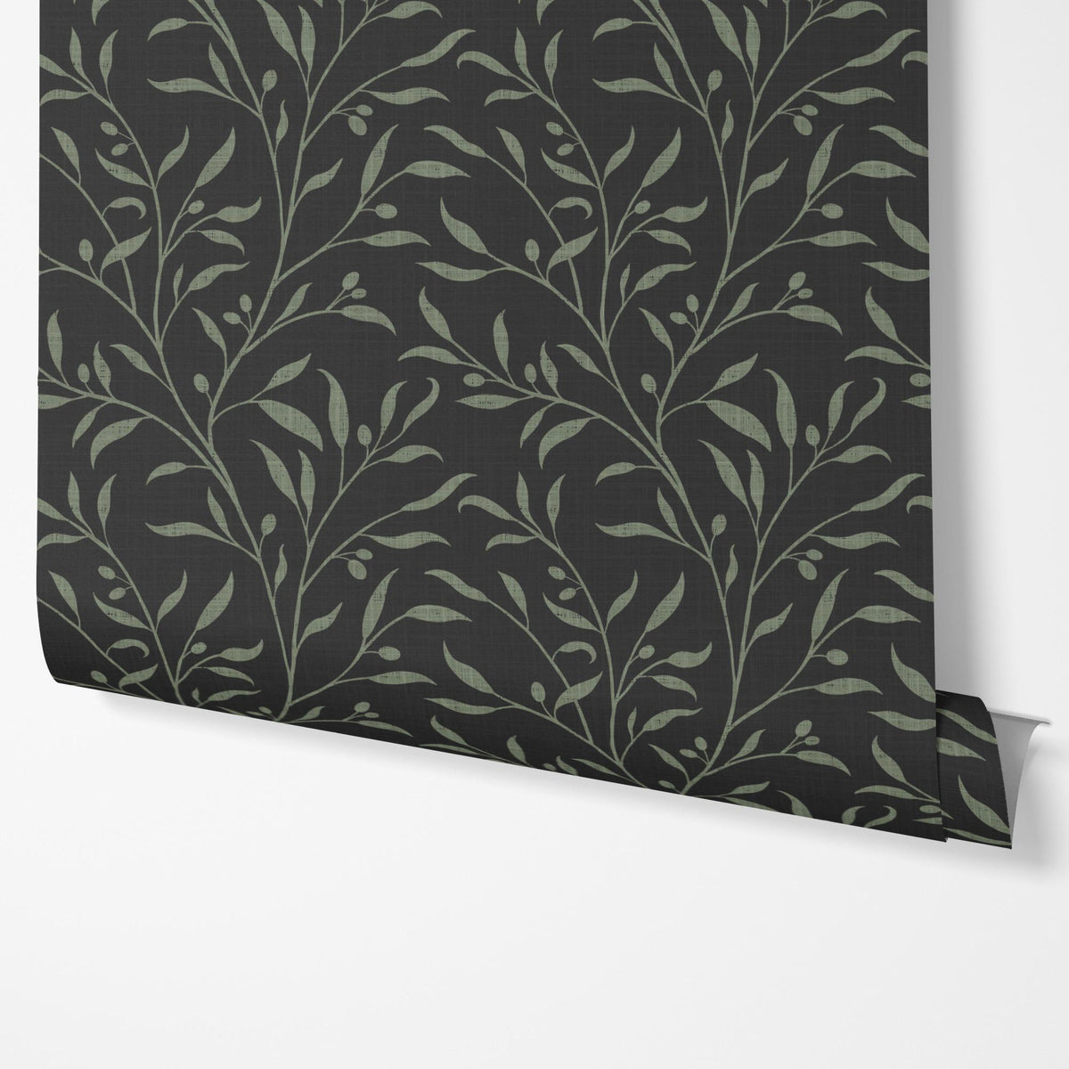 dark moody olive grove botanical leaves and branches wallpaper in peel and stick, prepasted or traditional nonpasted for vintage farmhouse or dramatic accent wall.