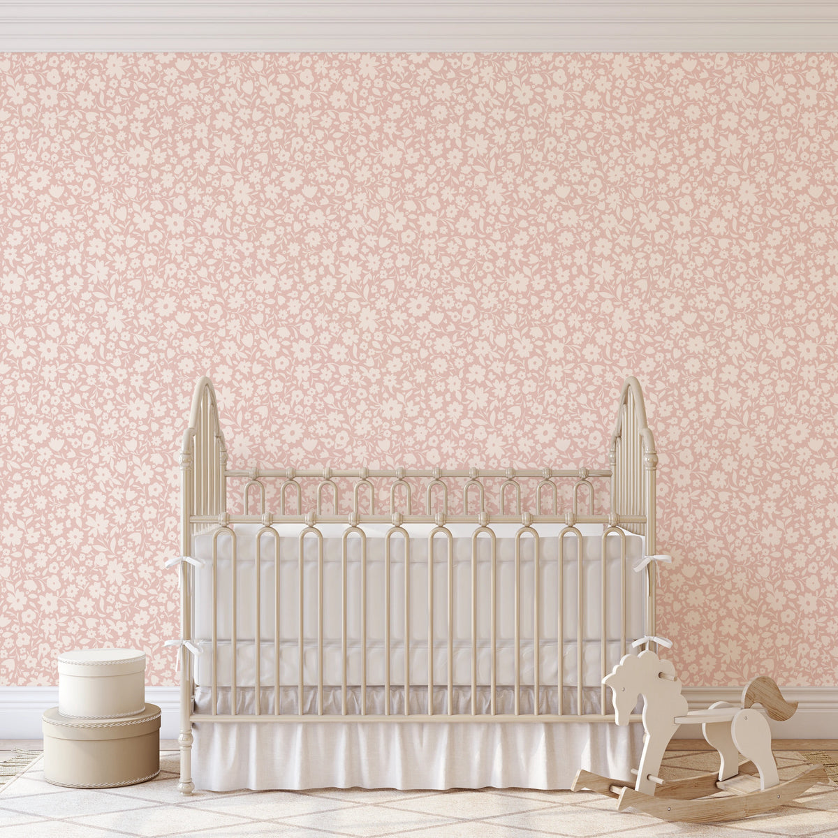 pink floral girls nursery wallpaper in removable peel and stick, prepasted or traditional nonpasted perfect for girly bedroom, powder room or accent wall.