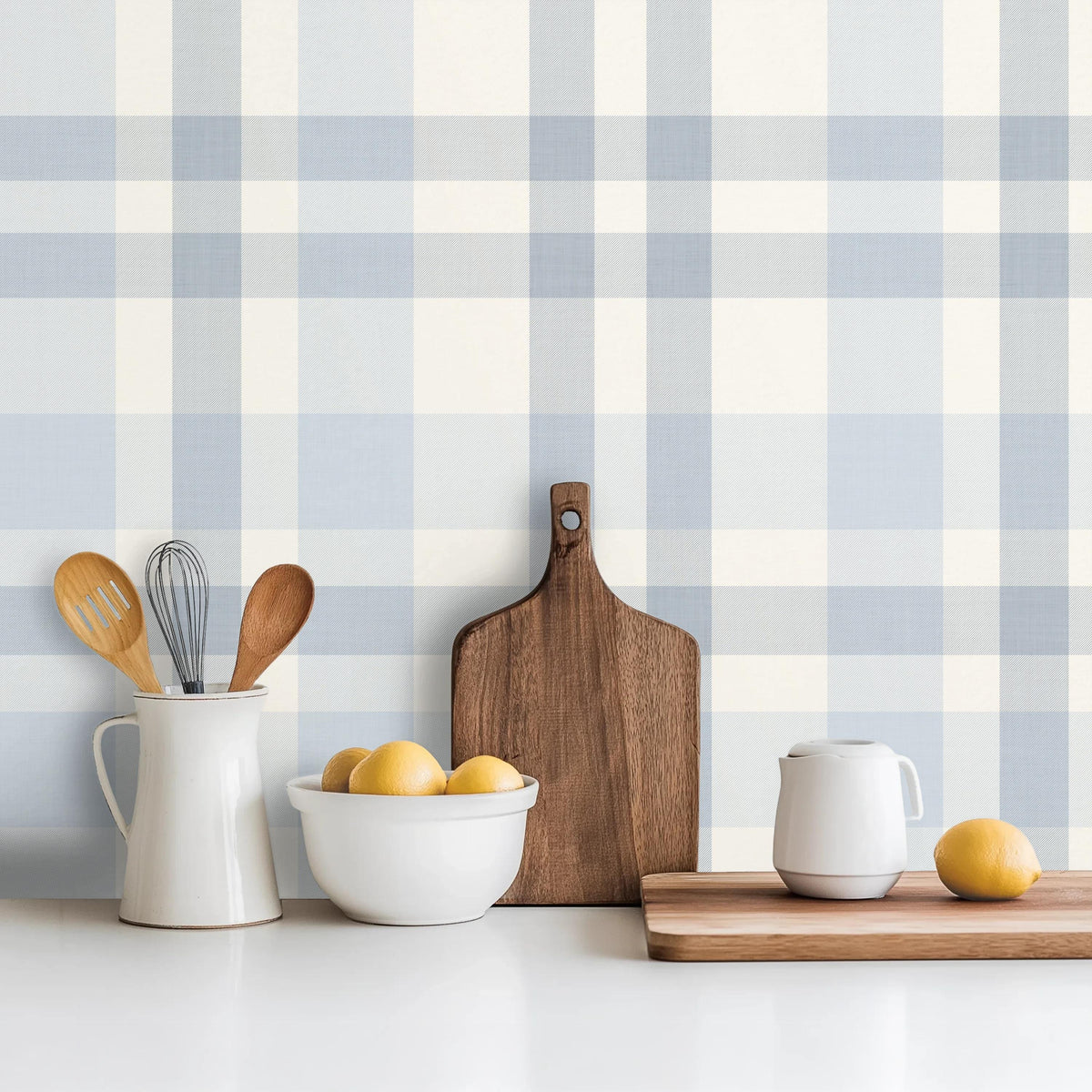 Blue and white plaid prepasted wallpaper in a farmhouse kitchen