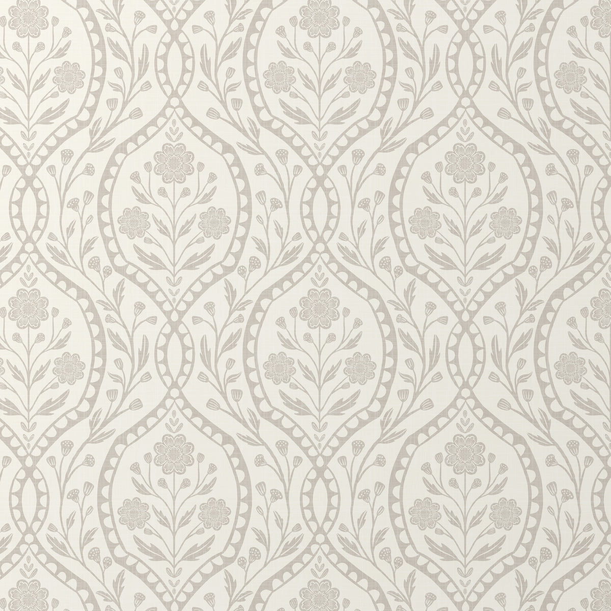 a repeating pattern of floral and leaf designs in shades of beige and gray. The pattern consists of a series of oval shapes, each containing a flower or leaf design, arranged in a symmetrical and intricate manner. The design elements are interspersed with a repeating pattern of curved lines, creating a visually appealing and harmonious composition.