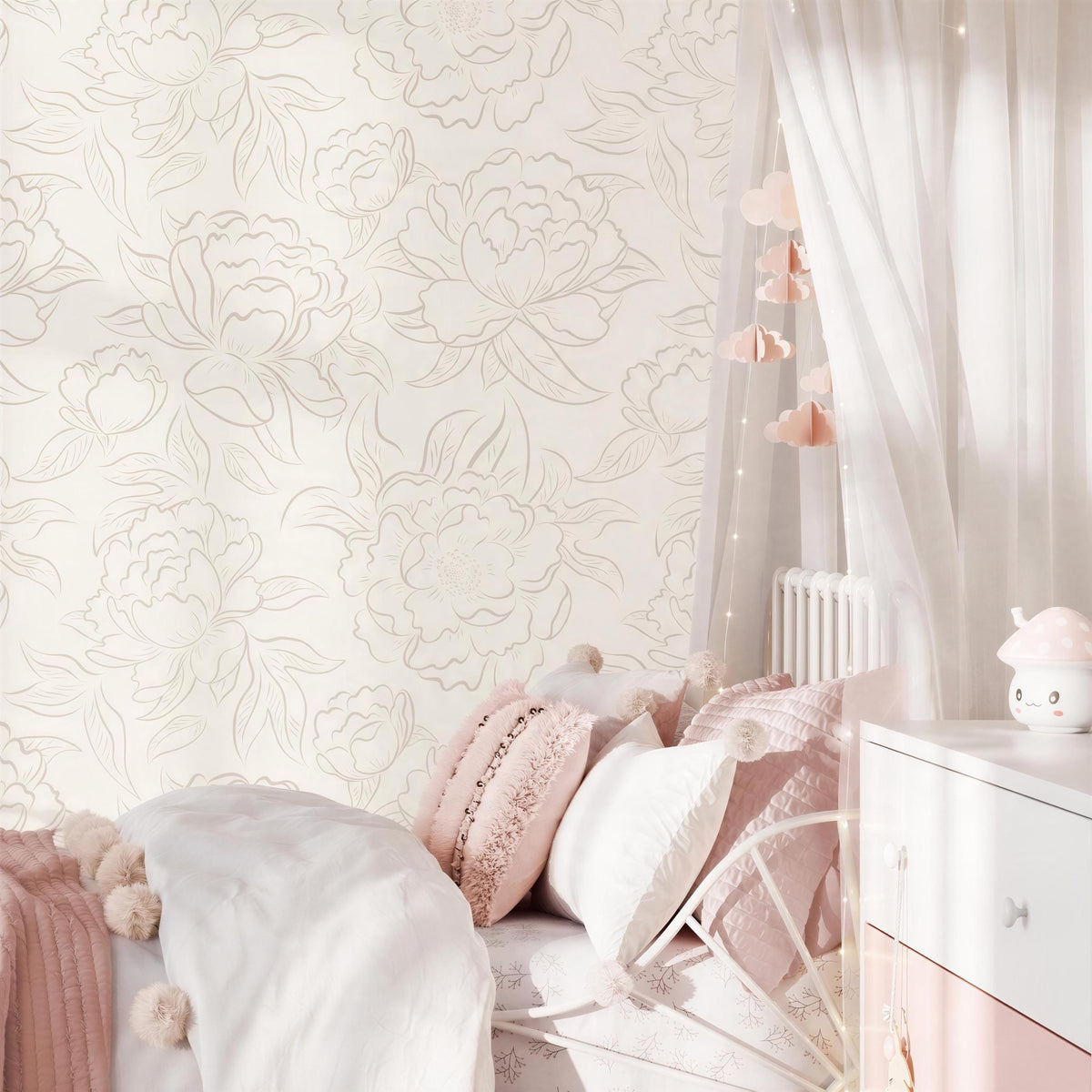 Girls' bedroom with pink bedding against neutral beige Peony Sketch floral wallpaper