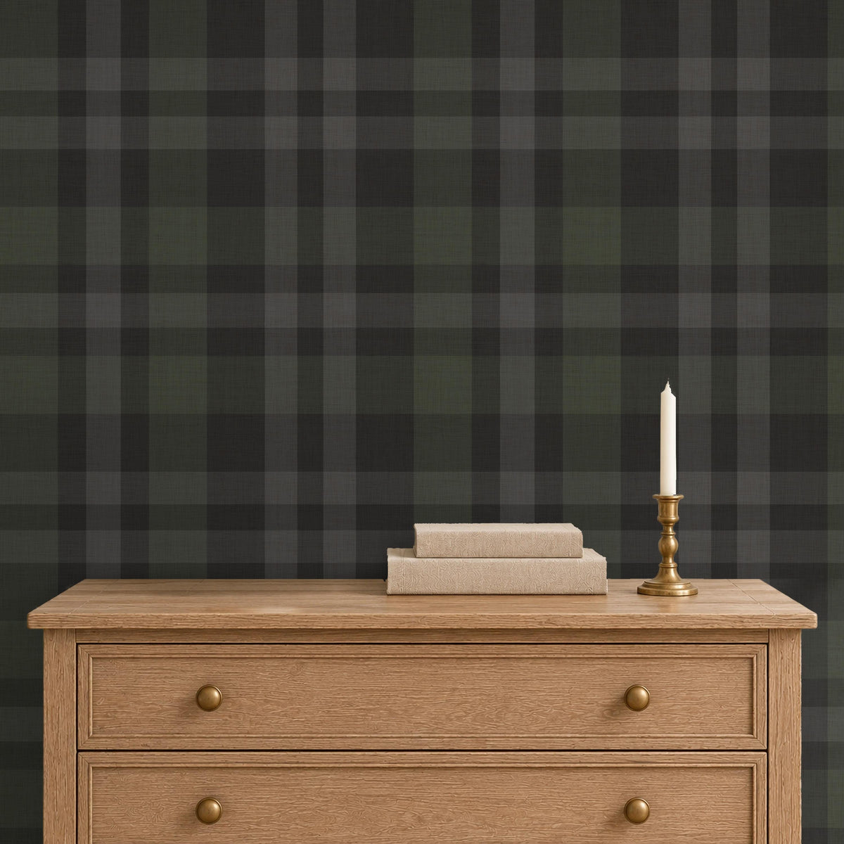 Moody black tartan wallpaper accent wall in a bedroom