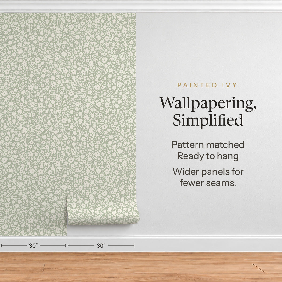 The image is a wallpapered wall with a pattern of green flowers, and there is text next to it providing information about the wallpaper.
