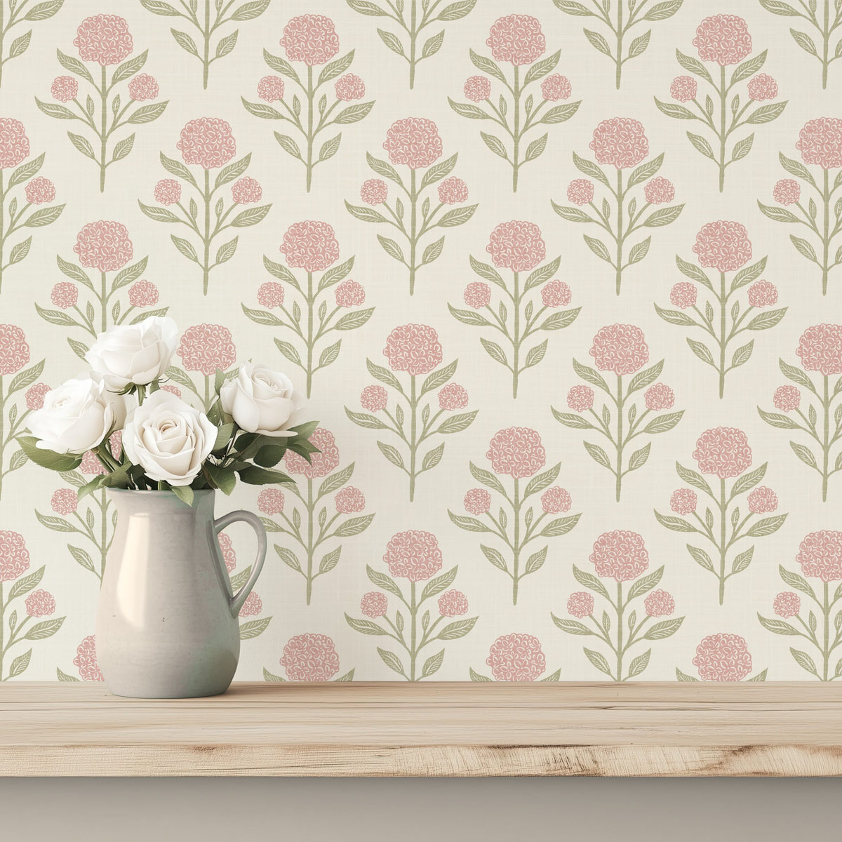 vintage floral Wallpaper Pink and white French Country shown in Removable Peel and Stick, prepasted or traditional nonpasted. Cute Vintage Floral, with Renter Friendly options for Baby Girl Nursery, Toddler Room, Tween Teen room or dorm decor