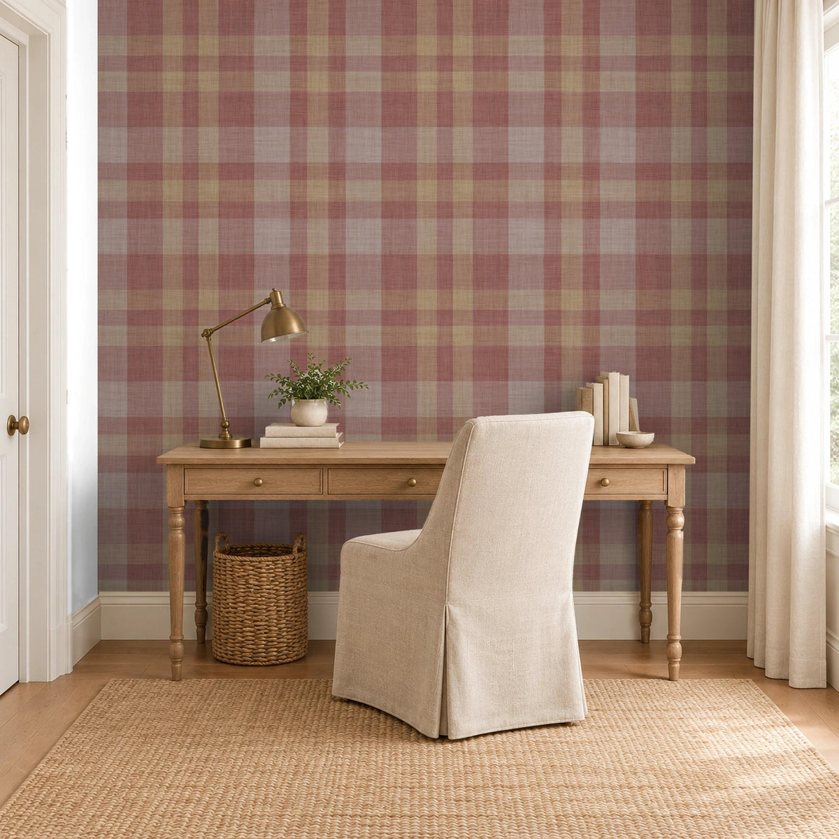 Burgundy plaid prepasted wallpaper in a cozy dark academia home office