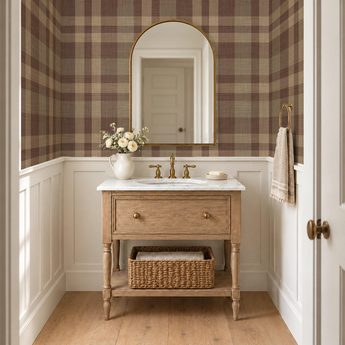 Dark brown plaid wallpaper above wainscoting in a powder room