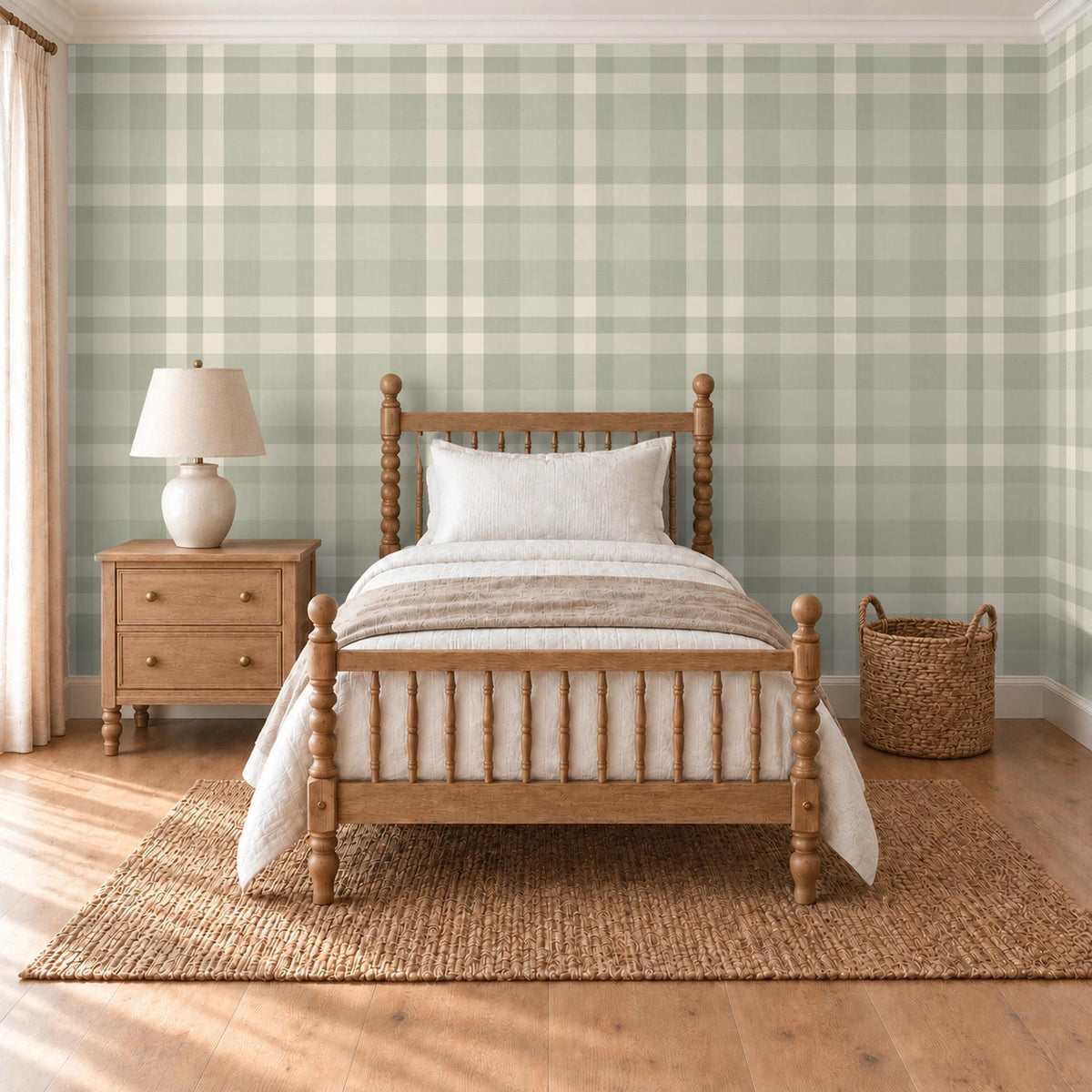 Bedroom with a wooden spindle bed and nightstand against Hollis Plaid wallpaper in sage green and cream