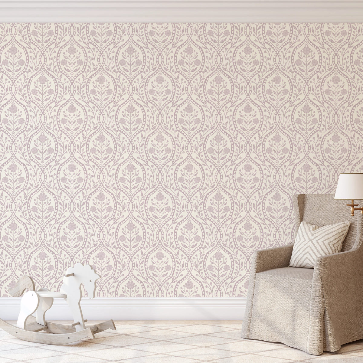 purple nursery pink floral wallpaper with botanical wildflowers shown in kids room as removable peel and stick, prepasted or traditional nonpasted