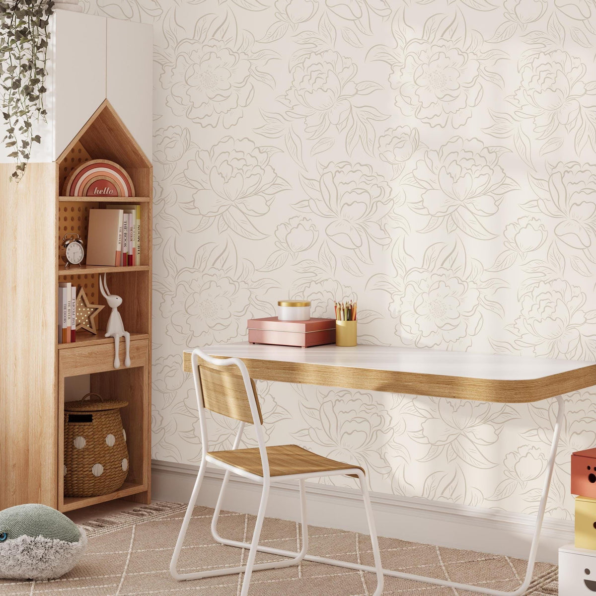 Kids' desk and bookshelf against neutral beige Peony Sketch floral wallpaper