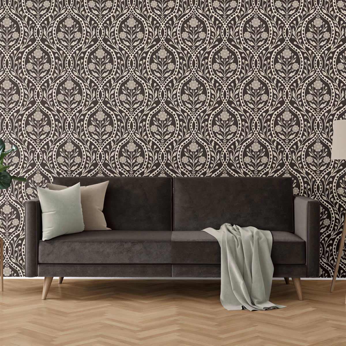 Dark Academia Moody Wallpaper in Peel and Stick or Prepasted Removable. This black and white Vintage style Botanical Wildflower Damask was created from a hand drawn illustration. Fits into Gothic Heritage Decor