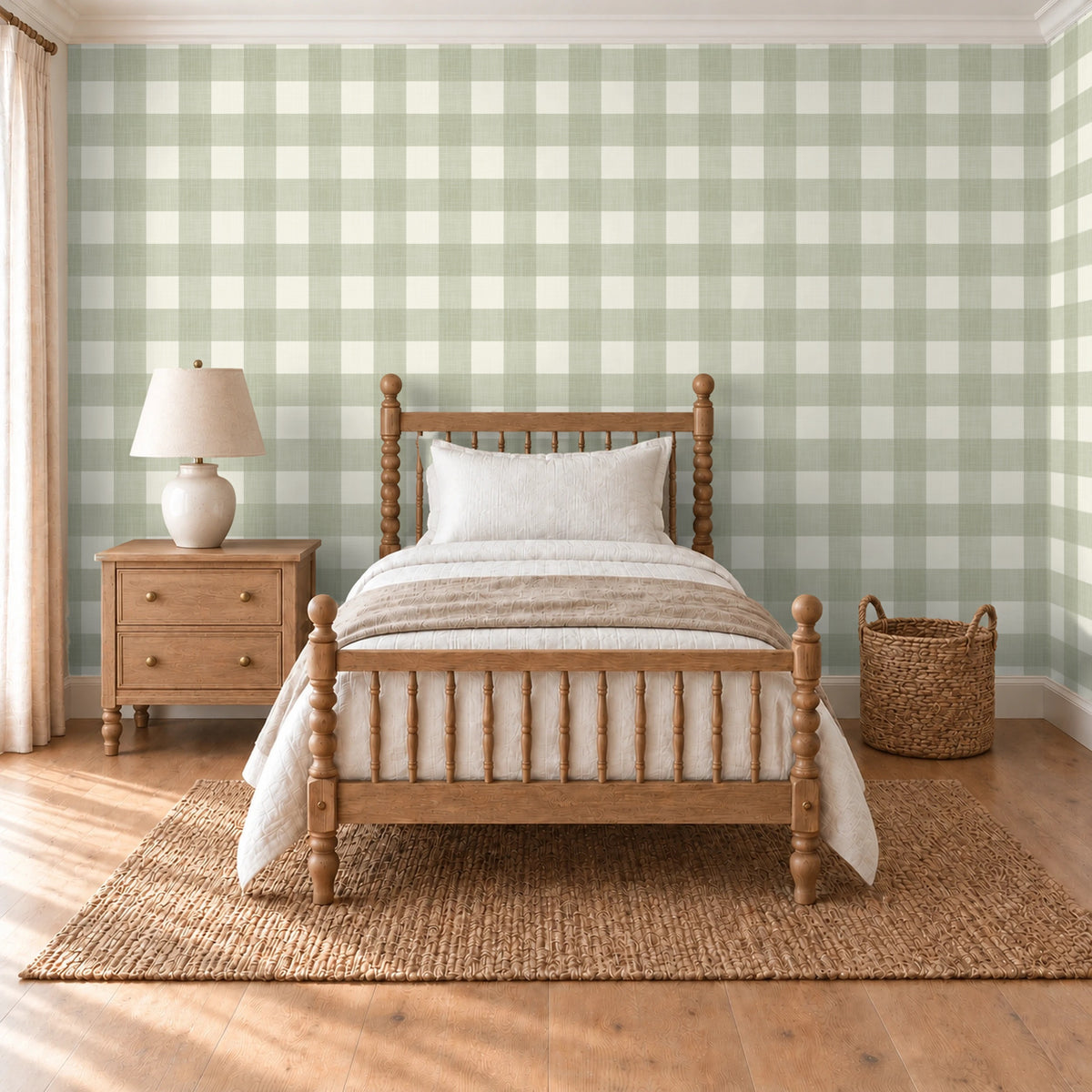light sage olive green gingham removable peel and stick, prepasted or traditional nonpasted wallpaper with a linen look texture featured on nursery accent wall behind toddler bed in gender neutral childrens room.