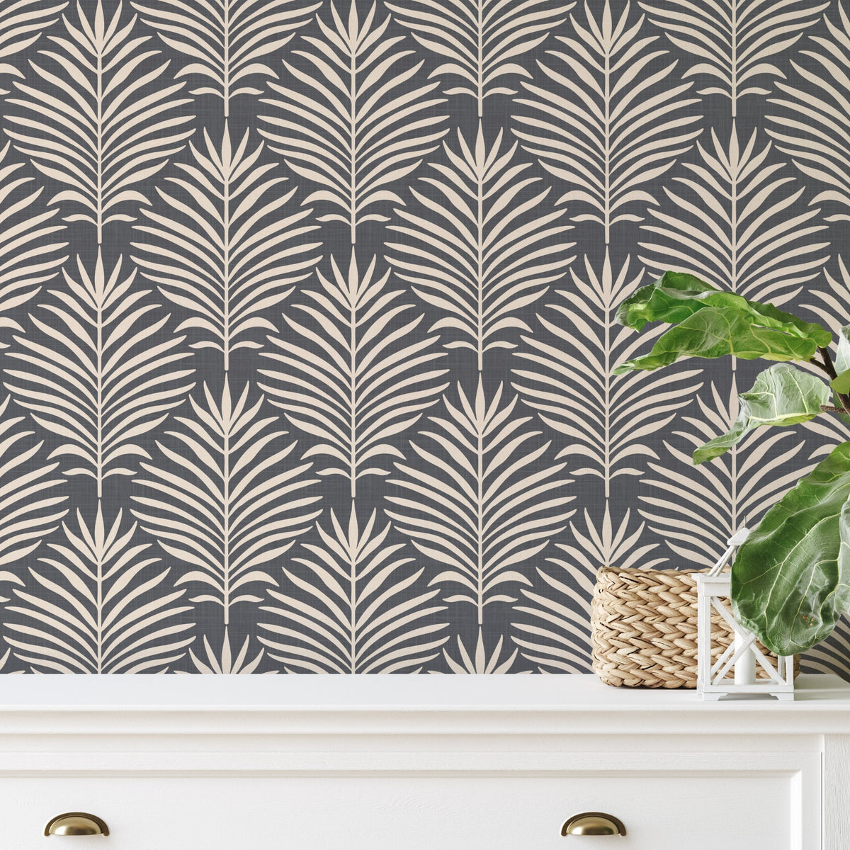 Boho tropical wallpaper shown in peel and stick and prepasted options. Neutral black dark moody botanical palm leaf design for bathroom, powder room, office, living room, dining room, laundry room, and entryway. Renter friendly and removable coastal minimalist look.
