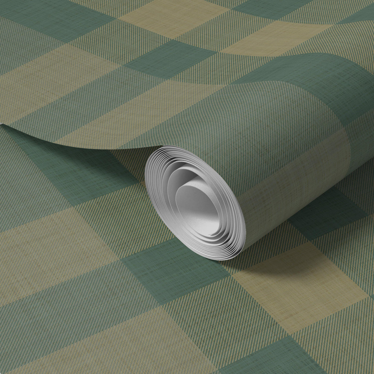 Rolled panel of forest green and tan plaid wallpaper