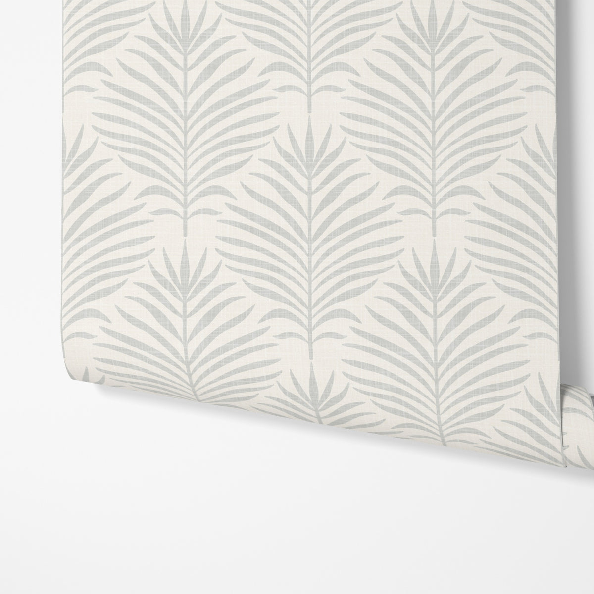 coastal botanical palm leaf wallpaper in gray and white for modern beach house or tropical decor in peel and stick, prepasted, or traditional nonpasted samples and rolls or panels