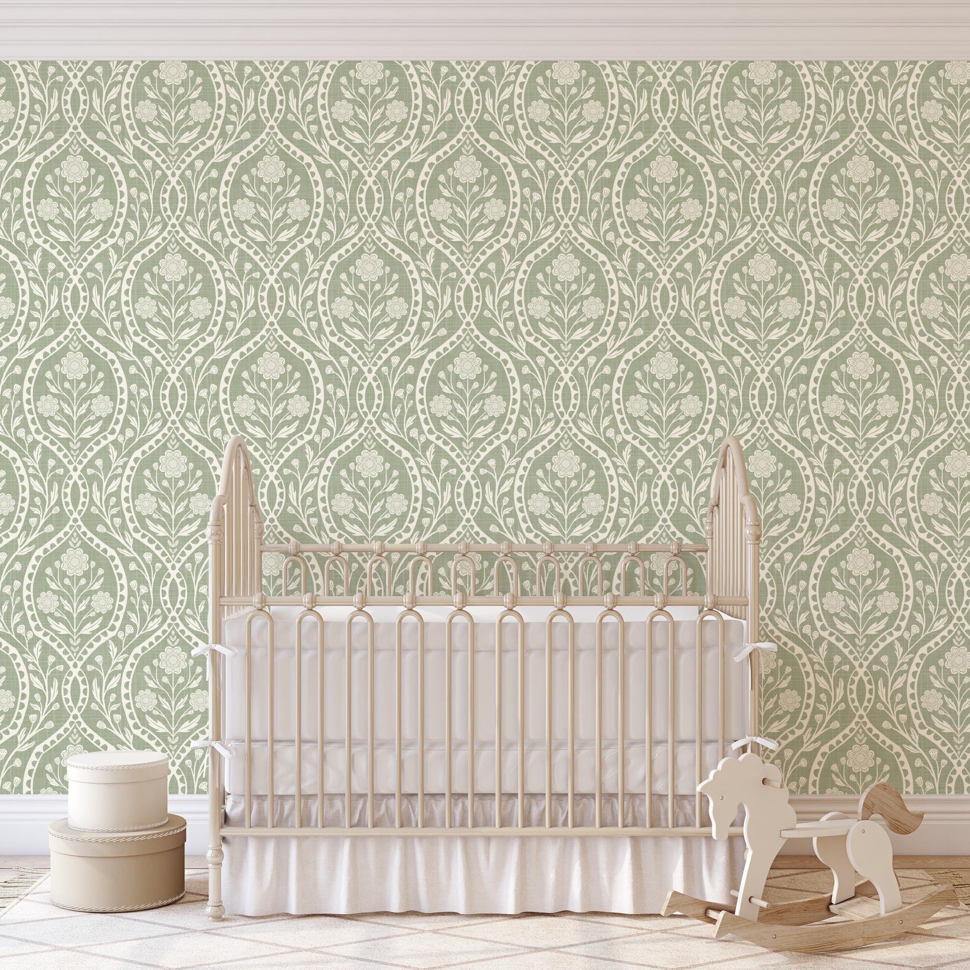 Sage green and white floral wallpaper with a wildflower floral damask pattern. Shown in peel and stick or prepasted for a removable renter friendly option for traditional or french country aesthetic suitable for baby nursery, bedroom, bathroom, kitchen or dining room.