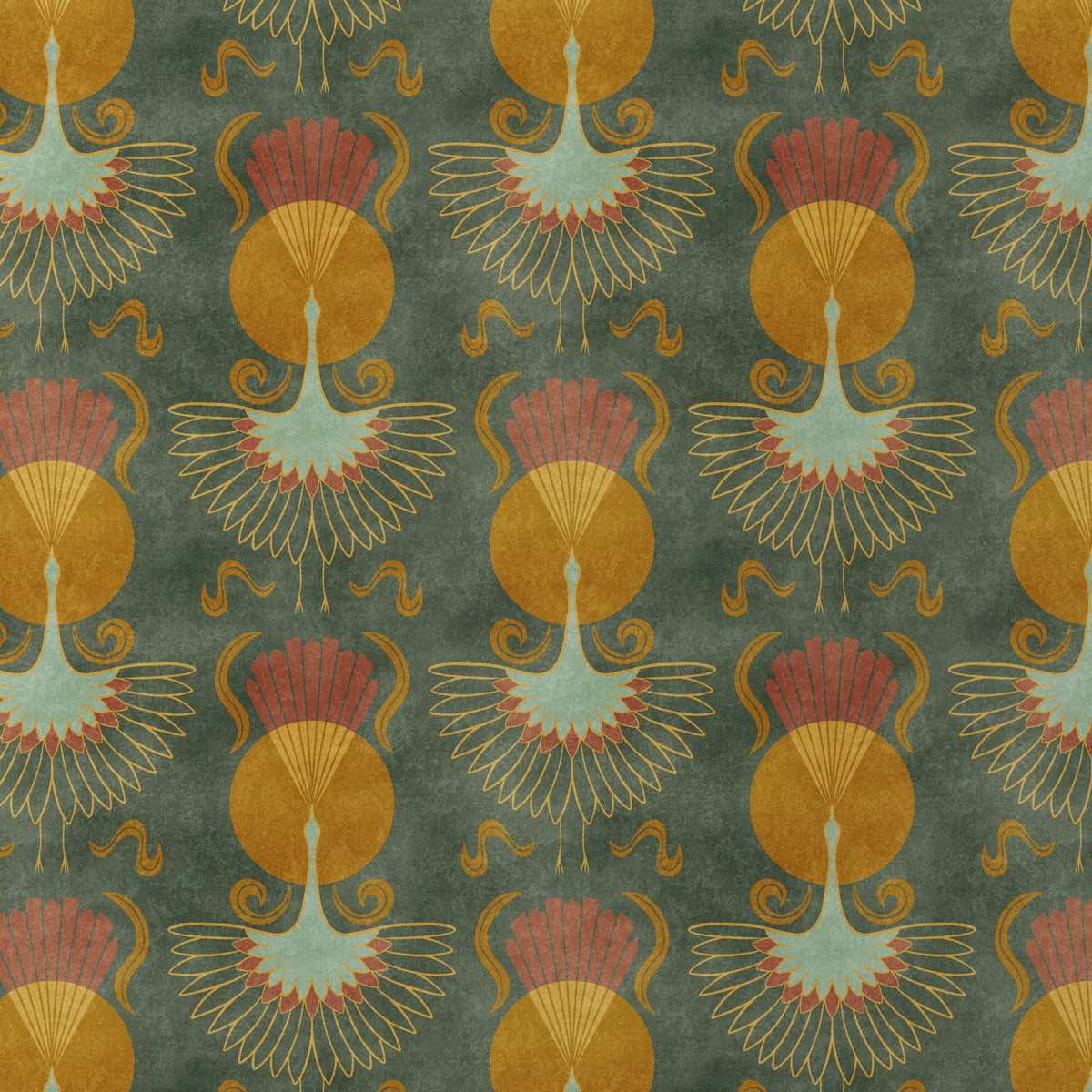 crane bird wallpaper in peel and stick, prepasted, or traditional nonpasted for dark moody art deco or mid century modern decor.