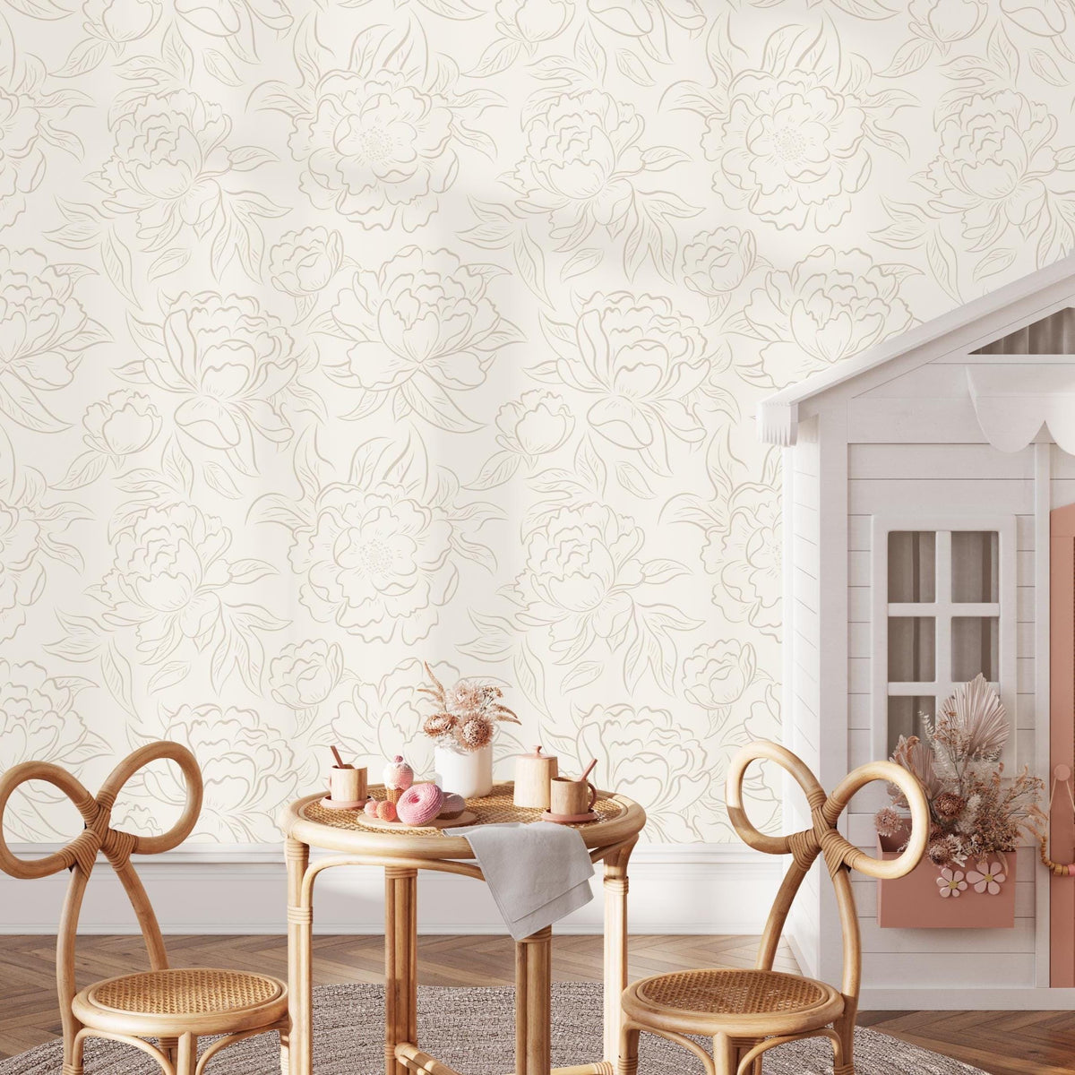 Playroom with a dollhouse, kids' table and bow chairs against neutral Peony Sketch wallpaper
