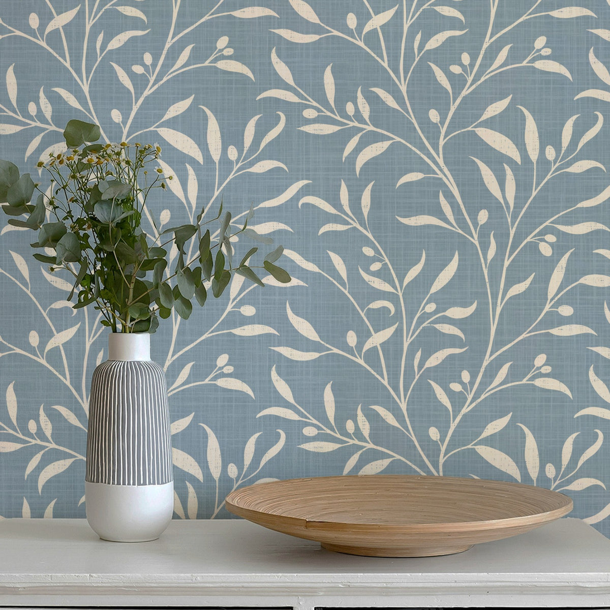 blue olive grove botanical leaf wallpaper in peel and stick, prepasted, or traditional nonpasted for vintage farmhouse, spanish or mediterranean style decor.