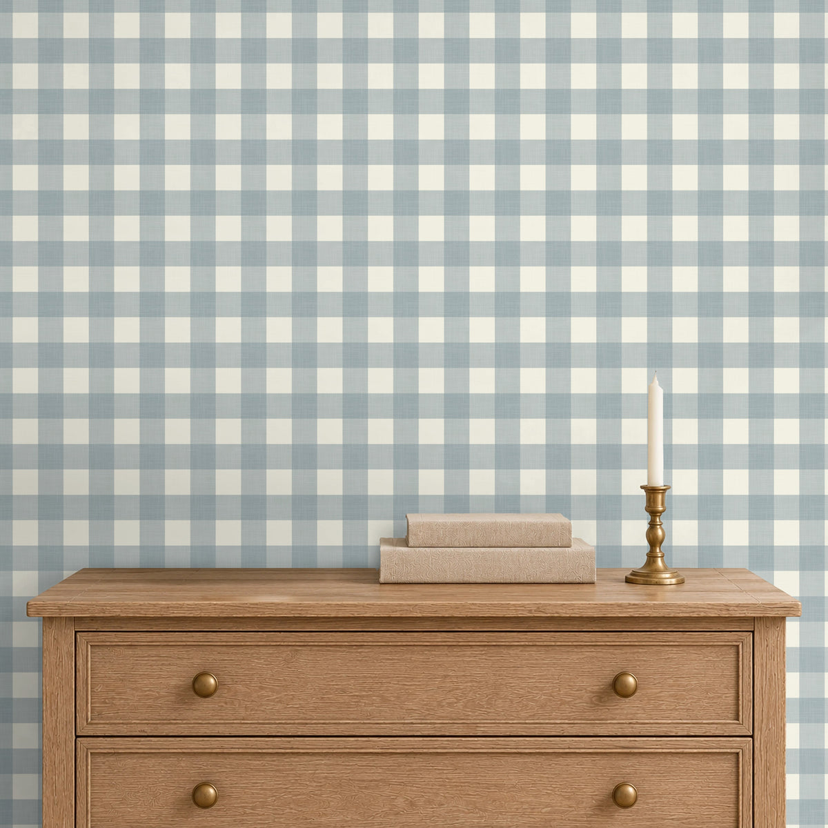 blue and white gingham wallpaper in peel and stick, prepasted or traditional nonpasted for modern farmhouse laundry room, kids room, nursery, or bedroom accent wall.