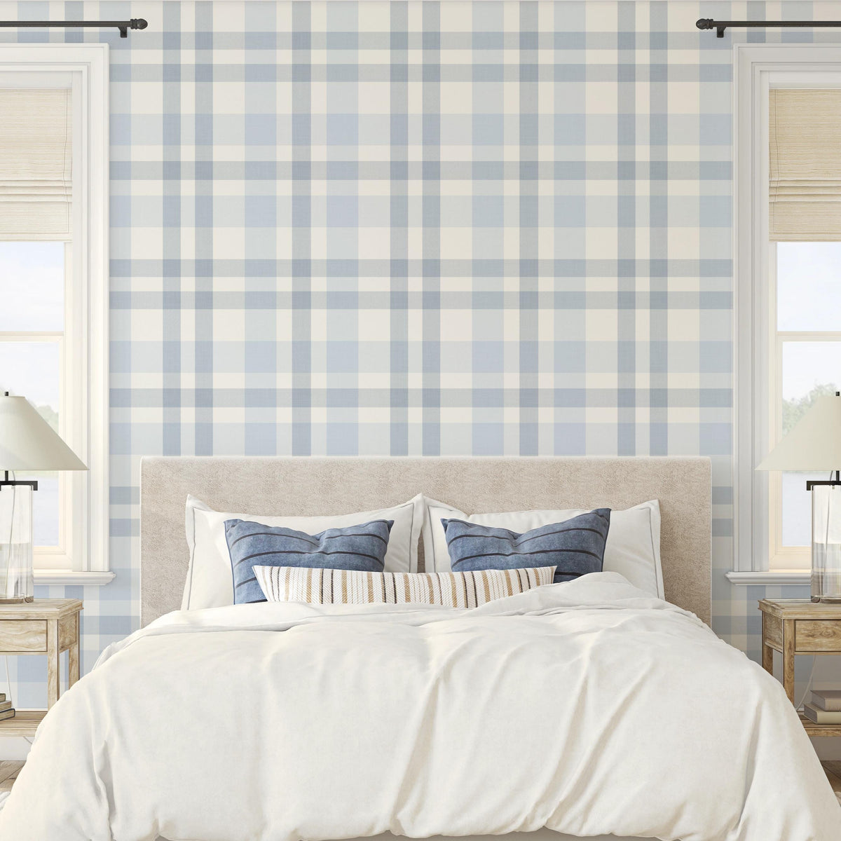 blue and white plaid farmhouse cottage wallpaper in peel and stick, prepasted or traditional nonpasted for baby boy nursery room, kids bedroom, powder room or laundry room.