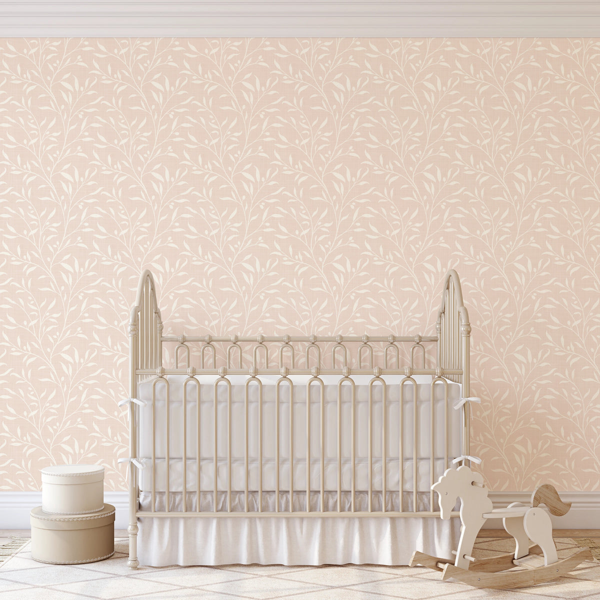 nursery wallpaper light pink olive botanical leaves in peel and stick, prepasted, or traditional nonpasted for baby girl or toddler room