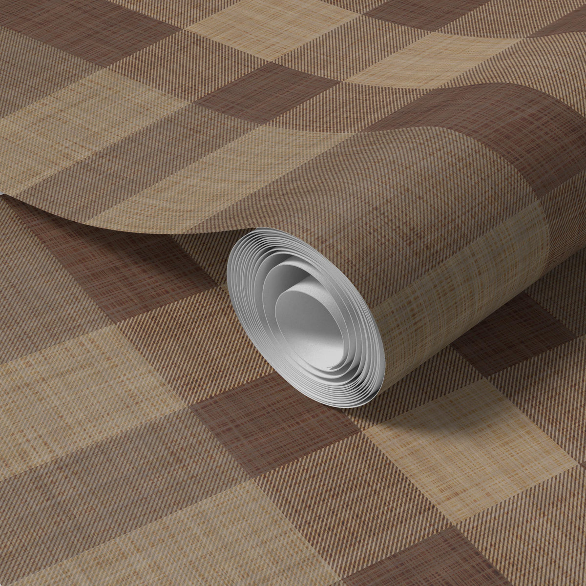 Rolled panel of chocolate brown and tan plaid wallpaper