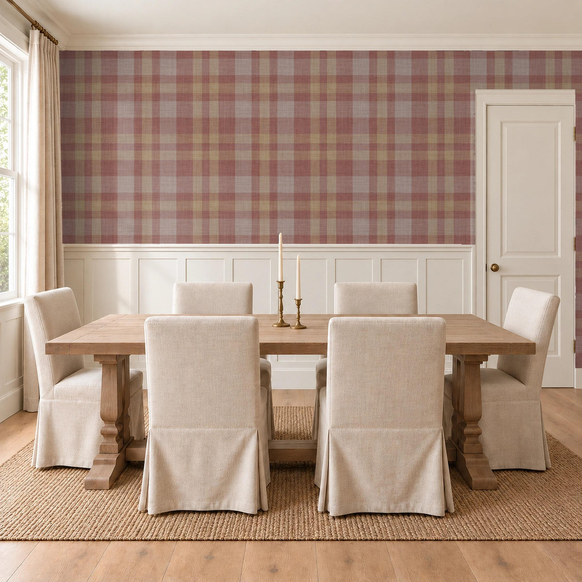 Burgundy plaid traditional nonpasted wallpaper above wainscoting in an English country dining room